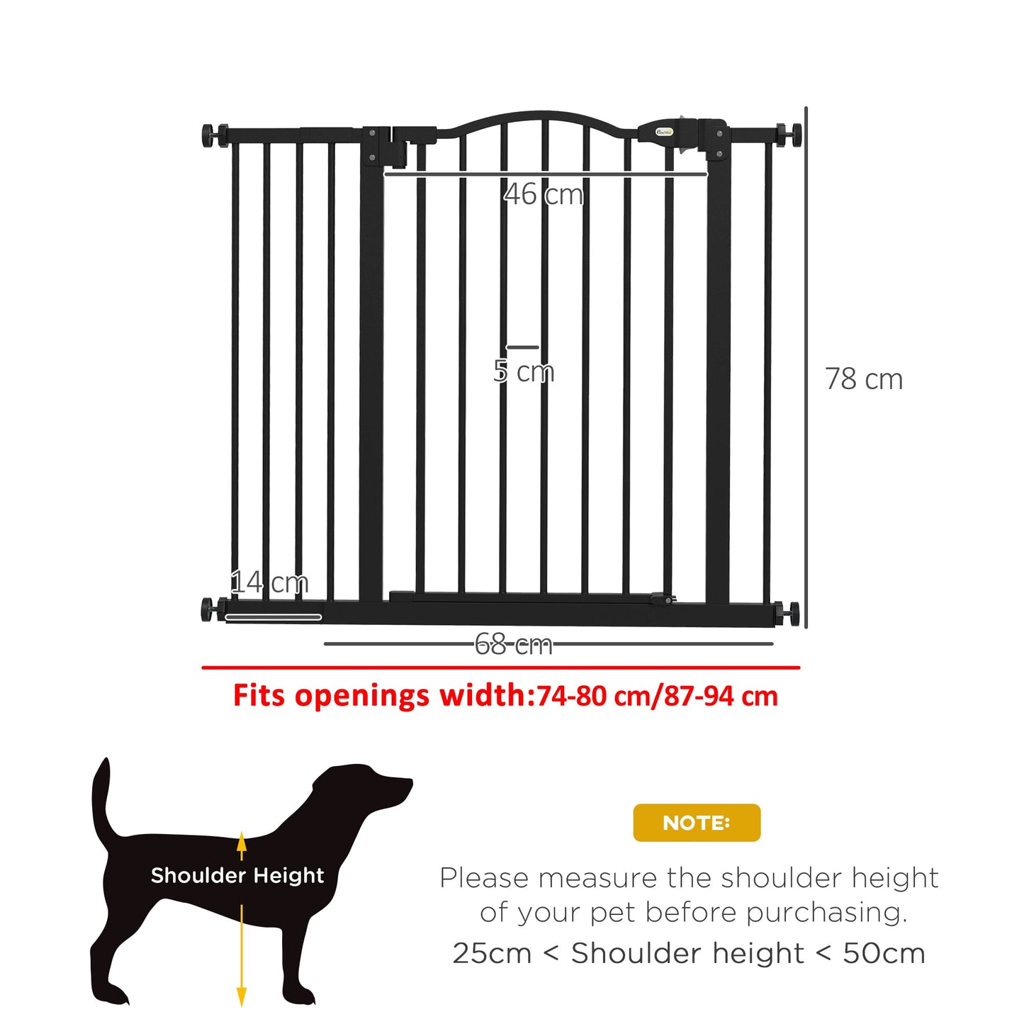 Pressure Fit Dog Stair Gate No Drilling Safety Gate Auto Close for Doorways, Hallways, 74-94cm Adjustable, 78cm Tall, Black