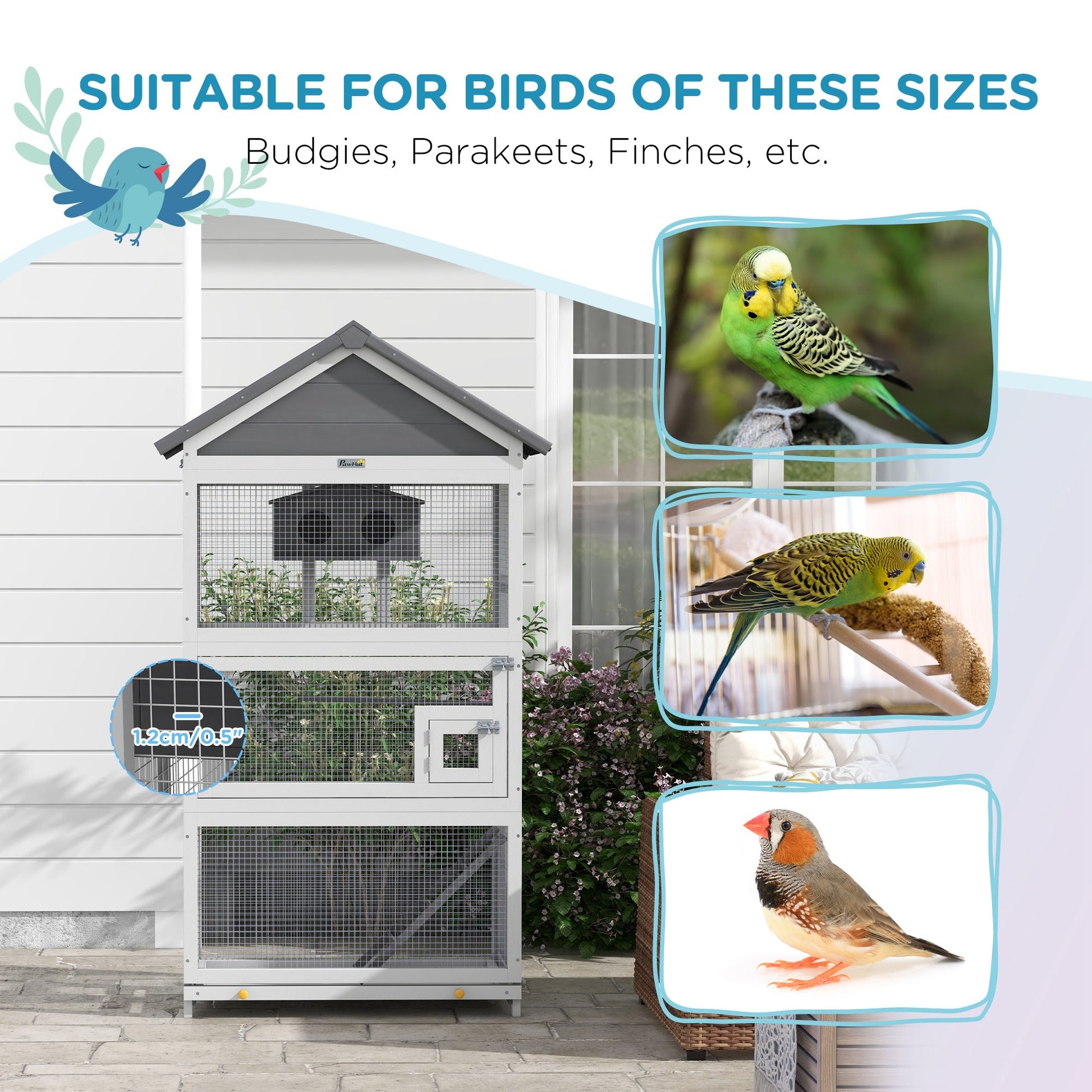 Wooden Bird Cage Budgie cage, Bird Aviary Outdoor Birdhouse for Finches, Parakeets - Grey