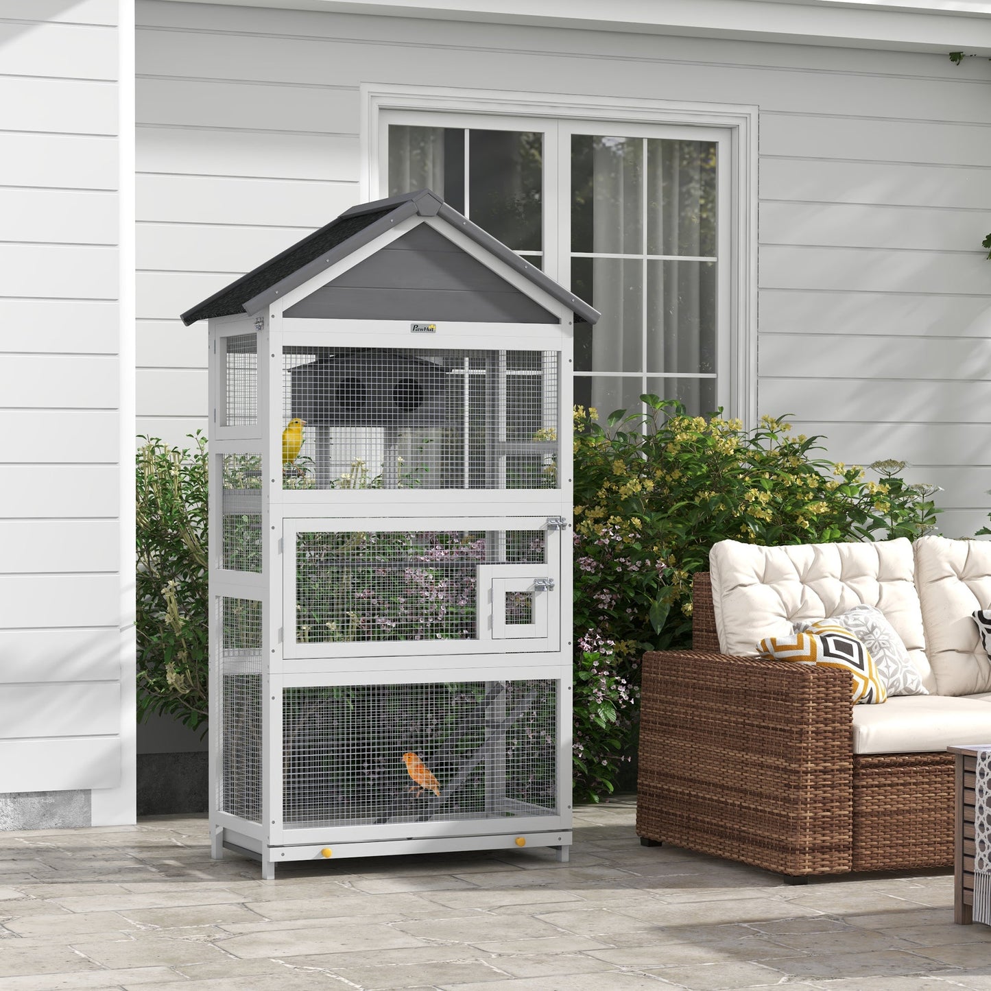 Wooden Bird Cage Budgie cage, Bird Aviary Outdoor Birdhouse for Finches, Parakeets - Grey