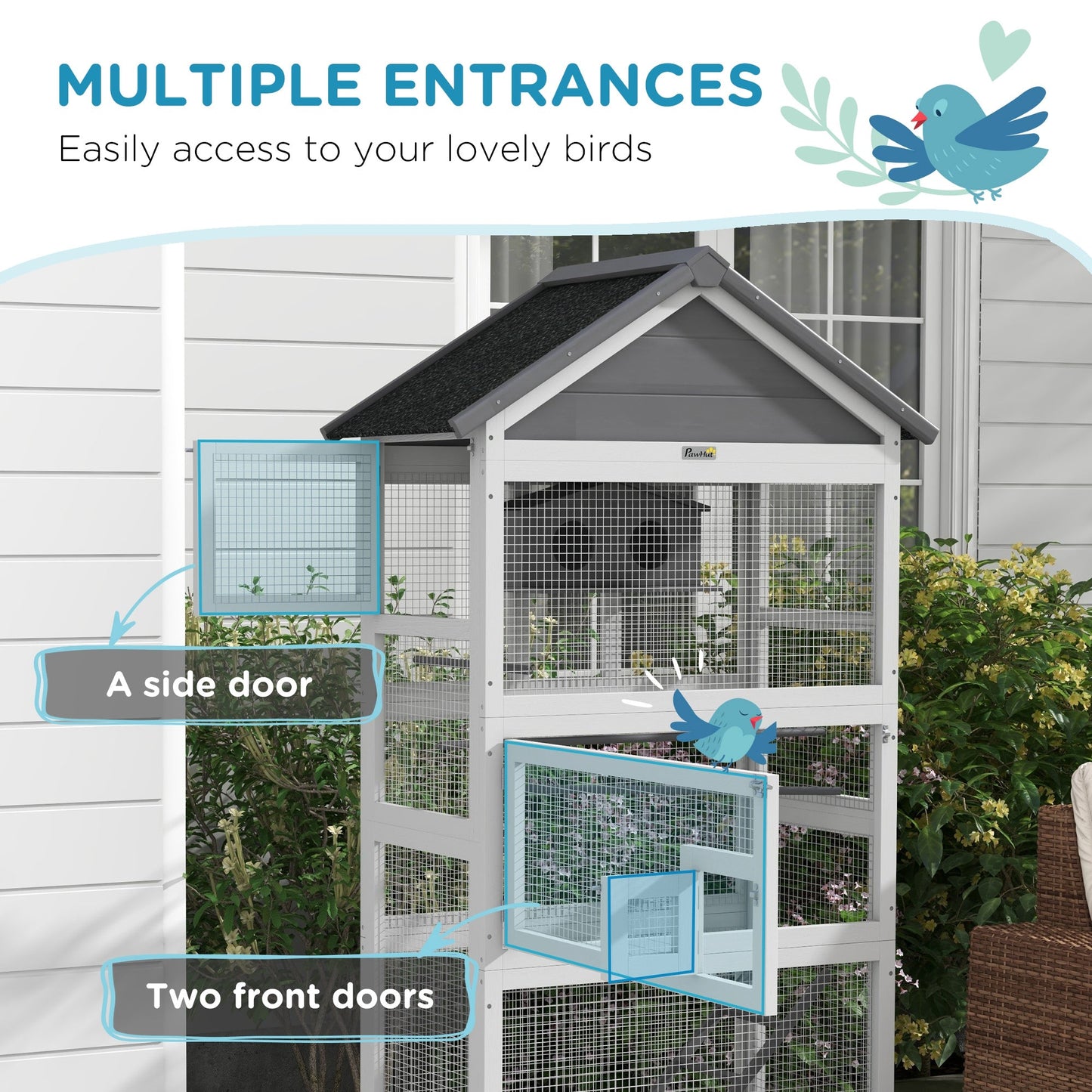 Wooden Bird Cage Budgie cage, Bird Aviary Outdoor Birdhouse for Finches, Parakeets - Grey