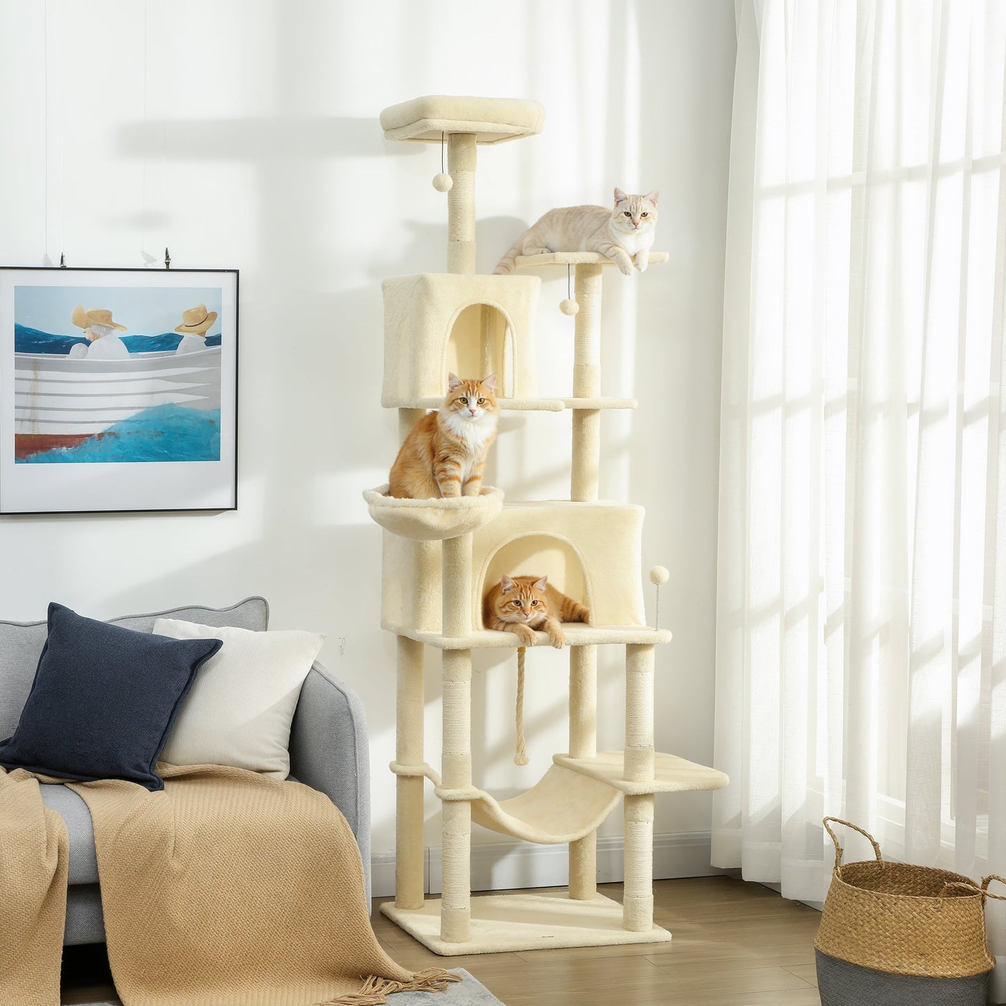 Cat Tree, 202cm Large Cat Tower for Indoor Kittens with 6 Scratching Posts, 2 Condos, 2 Perches, 2 Hammocks, Pompoms, Multi-Level Plush Kitty Activity Centre for Rest and Play, Beige