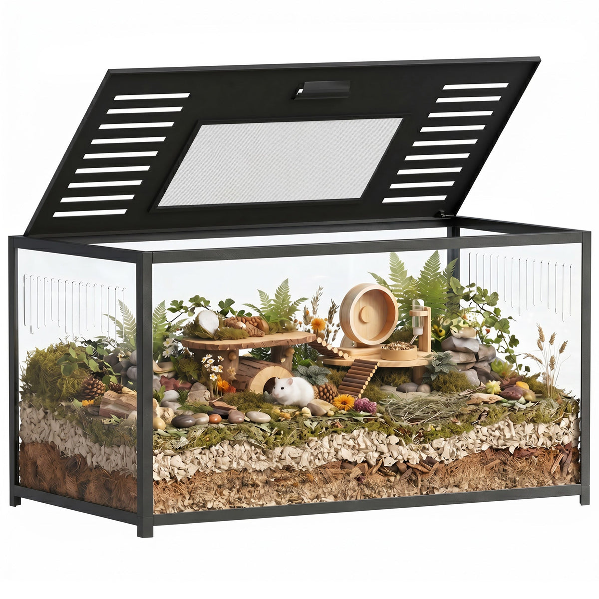 Large Hamster Cage, Chewproof Metal Rat Cage with Deep Base, Openable Top & Excellent Ventilation, Transparent Small Animal Habitat for Syrian Dwarf Hamster, Gerbil, 100 x 50 x 52.5 cm, Black