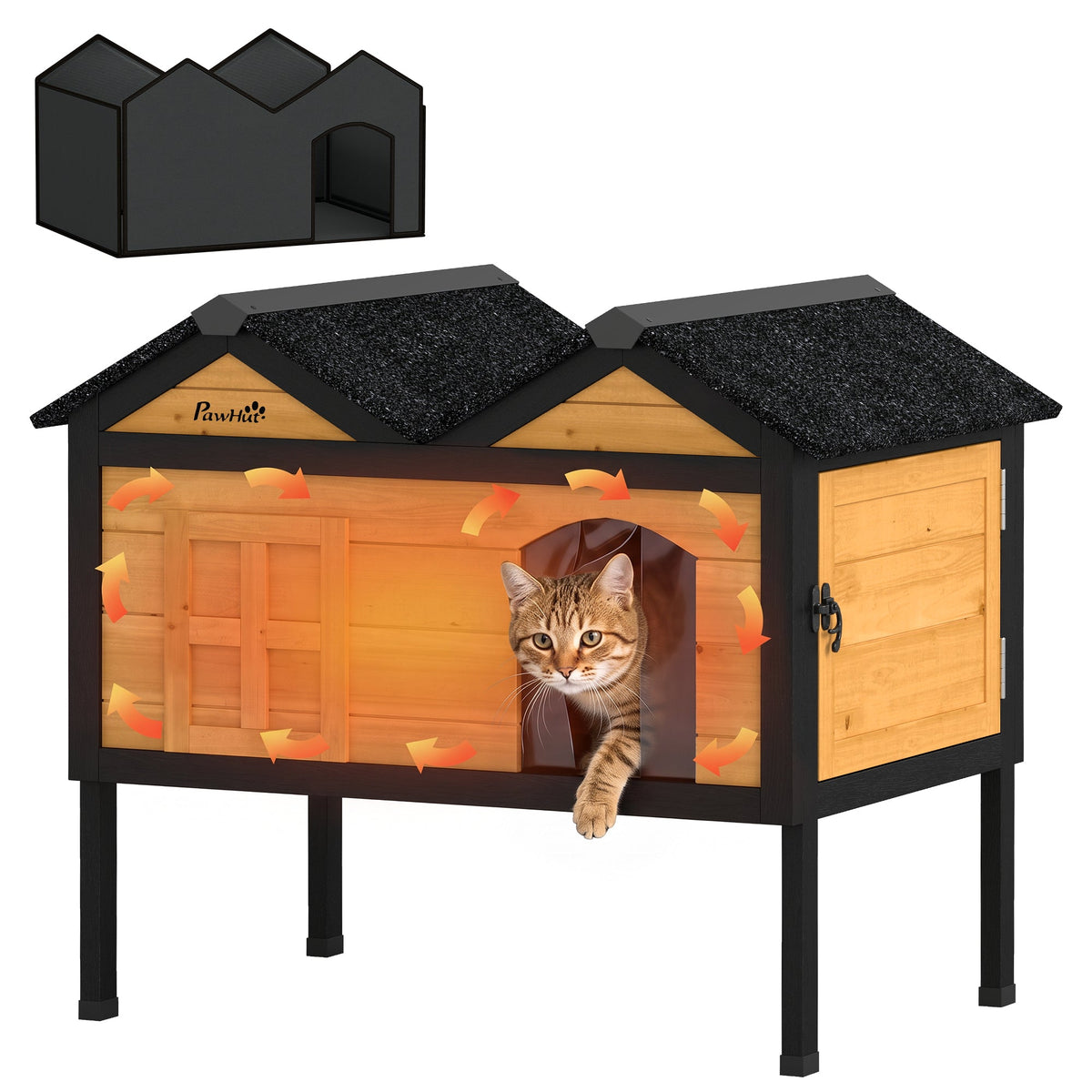 Outdoor Cat House Wooden with Removable Liner, Raised Cat Shelter Outdoor Indoor, Weatherproof Asphalt Roof, Wide Side Cleaning Door, PVC Curtain, 1 Cat up to 10 kg