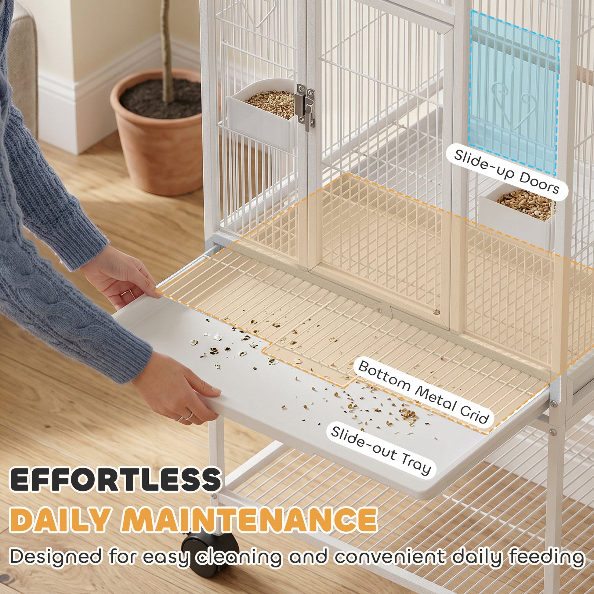 Detachable Bird Cage on Wheels, for Finches, Parakeets, Budgies, Budgie Cage, Parrot Aviary with Accessories, Storage Shelf - White