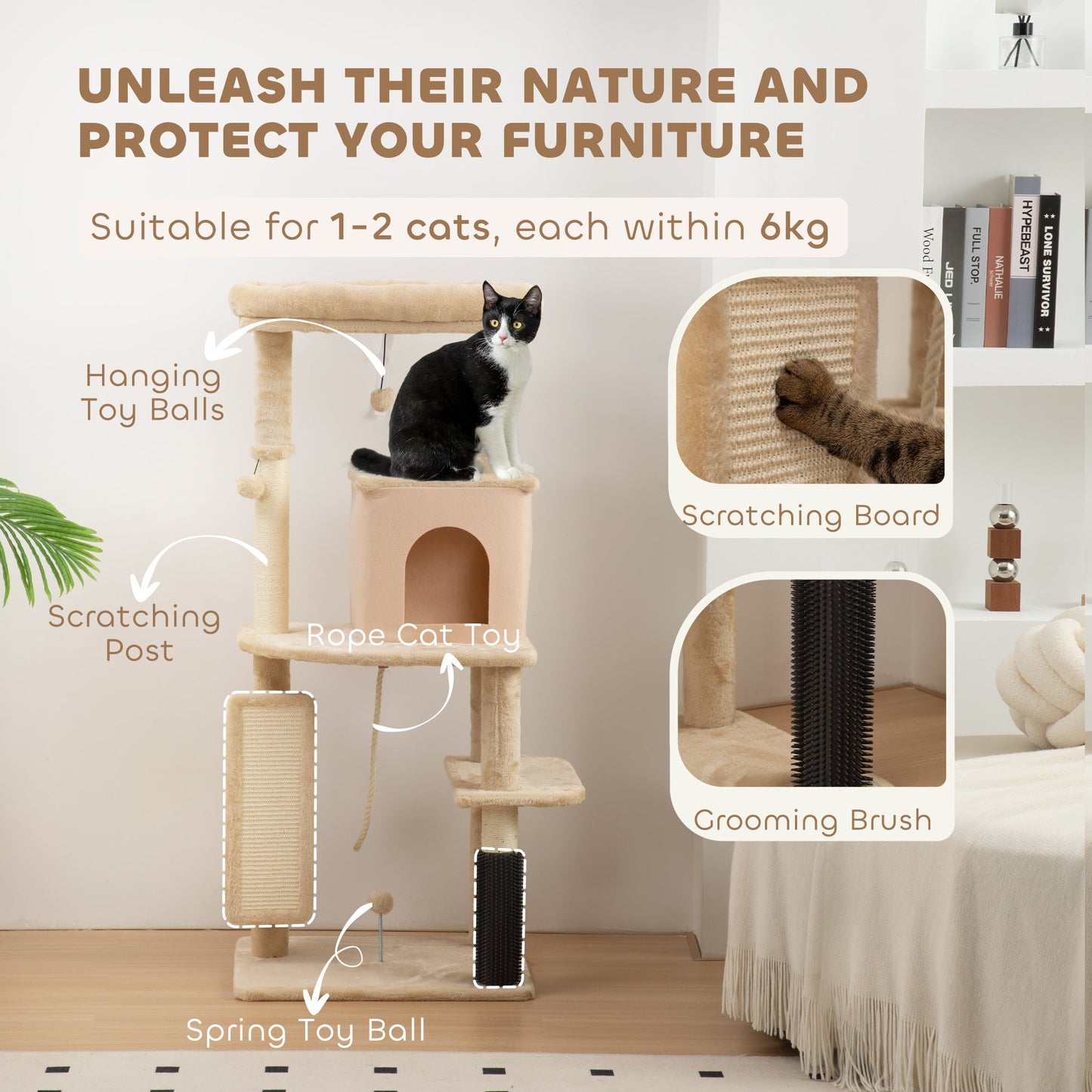 Cat Tree for Indoor Kittens, 132cm Cat Tower with Scratching Posts and Pad, Bed, House, Jumping Platform, Grooming Brush, Toy Balls, Anti-Tip Kit, Cat Climbing Frame, Beige
