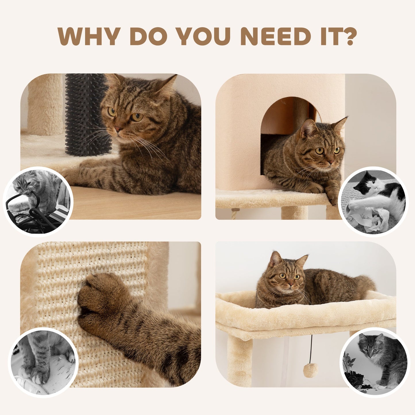 Cat Tree for Indoor Kittens, 132cm Cat Tower with Scratching Posts and Pad, Bed, House, Jumping Platform, Grooming Brush, Toy Balls, Anti-Tip Kit, Cat Climbing Frame, Beige