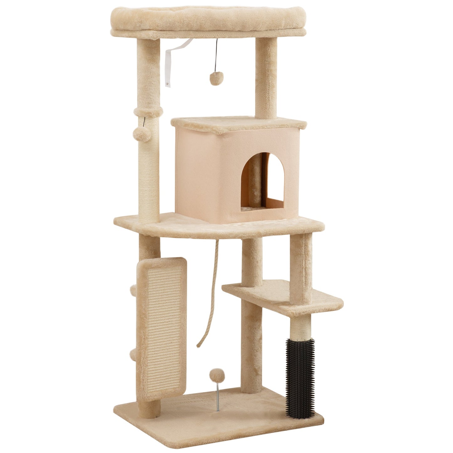 Cat Tree for Indoor Kittens, 132cm Cat Tower with Scratching Posts and Pad, Bed, House, Jumping Platform, Grooming Brush, Toy Balls, Anti-Tip Kit, Cat Climbing Frame, Beige