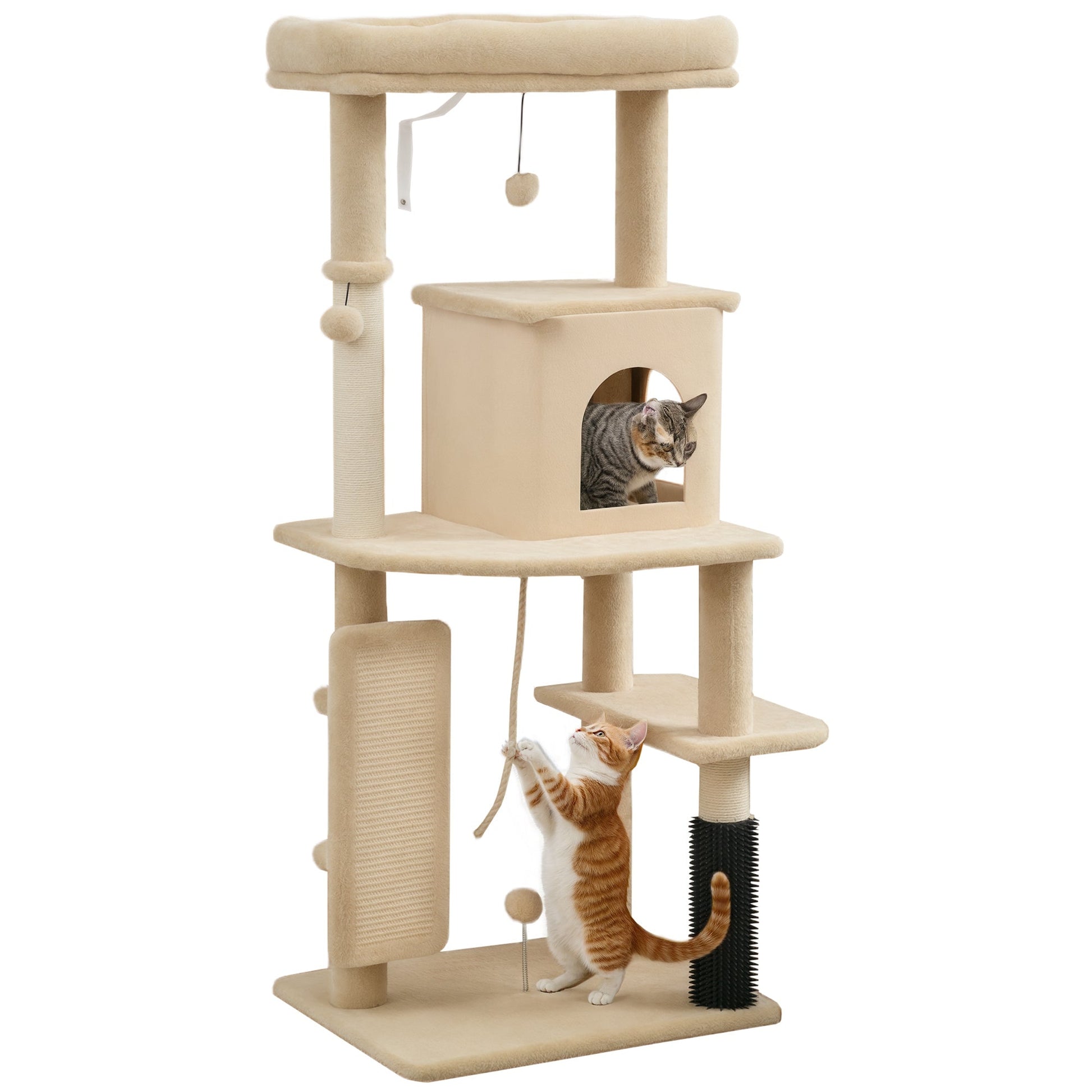 Cat Tree for Indoor Kittens, 132cm Cat Tower with Scratching Posts and Pad, Bed, House, Jumping Platform, Grooming Brush, Toy Balls, Anti-Tip Kit, Cat Climbing Frame, Beige