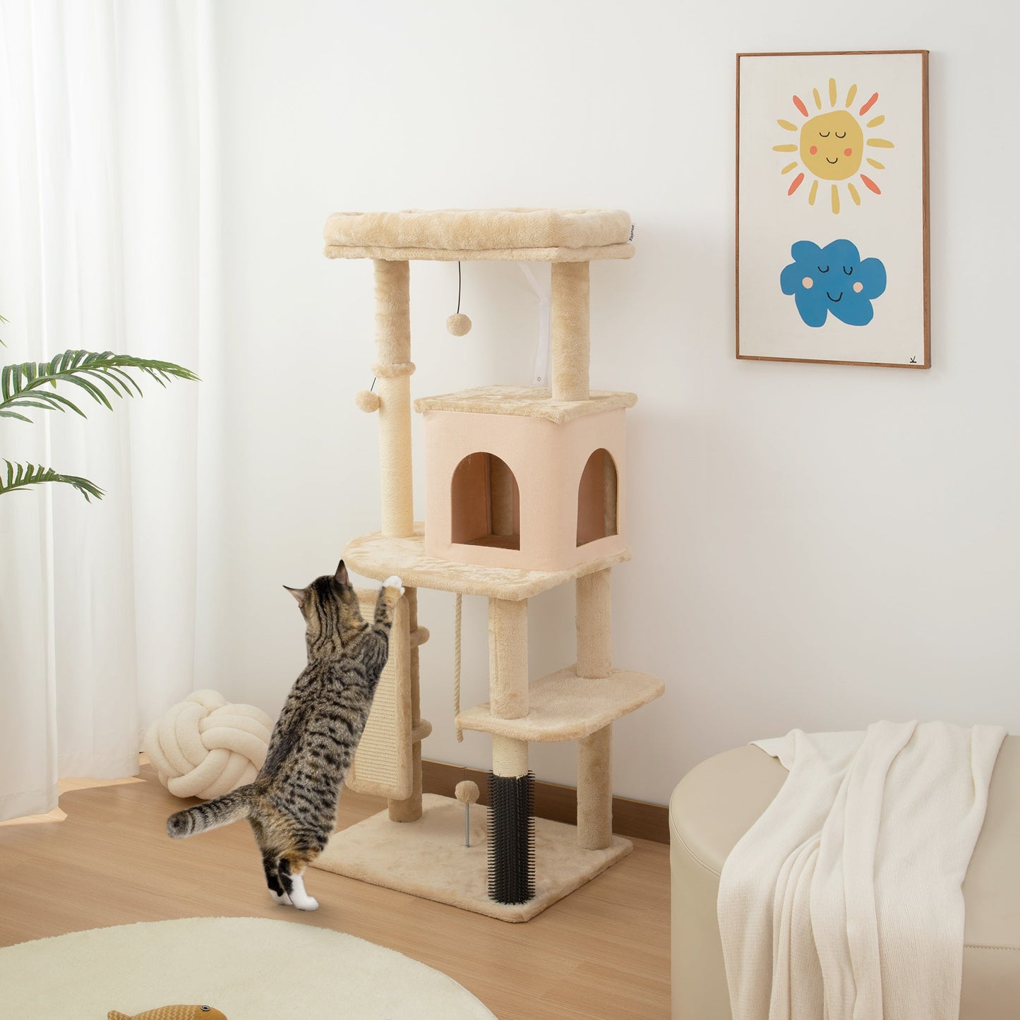 Cat Tree for Indoor Kittens, 132cm Cat Tower with Scratching Posts and Pad, Bed, House, Jumping Platform, Grooming Brush, Toy Balls, Anti-Tip Kit, Cat Climbing Frame, Beige