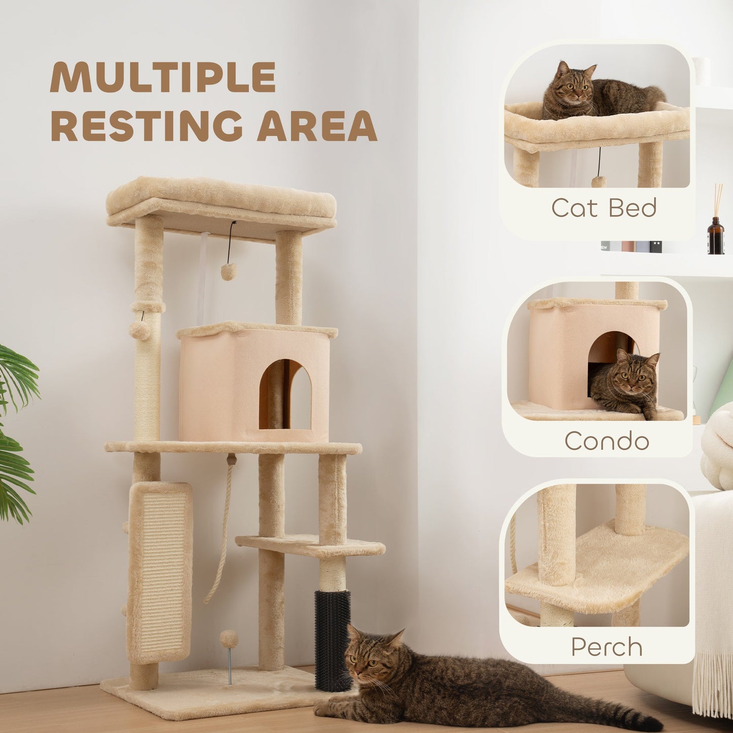 Cat Tree for Indoor Kittens, 132cm Cat Tower with Scratching Posts and Pad, Bed, House, Jumping Platform, Grooming Brush, Toy Balls, Anti-Tip Kit, Cat Climbing Frame, Beige