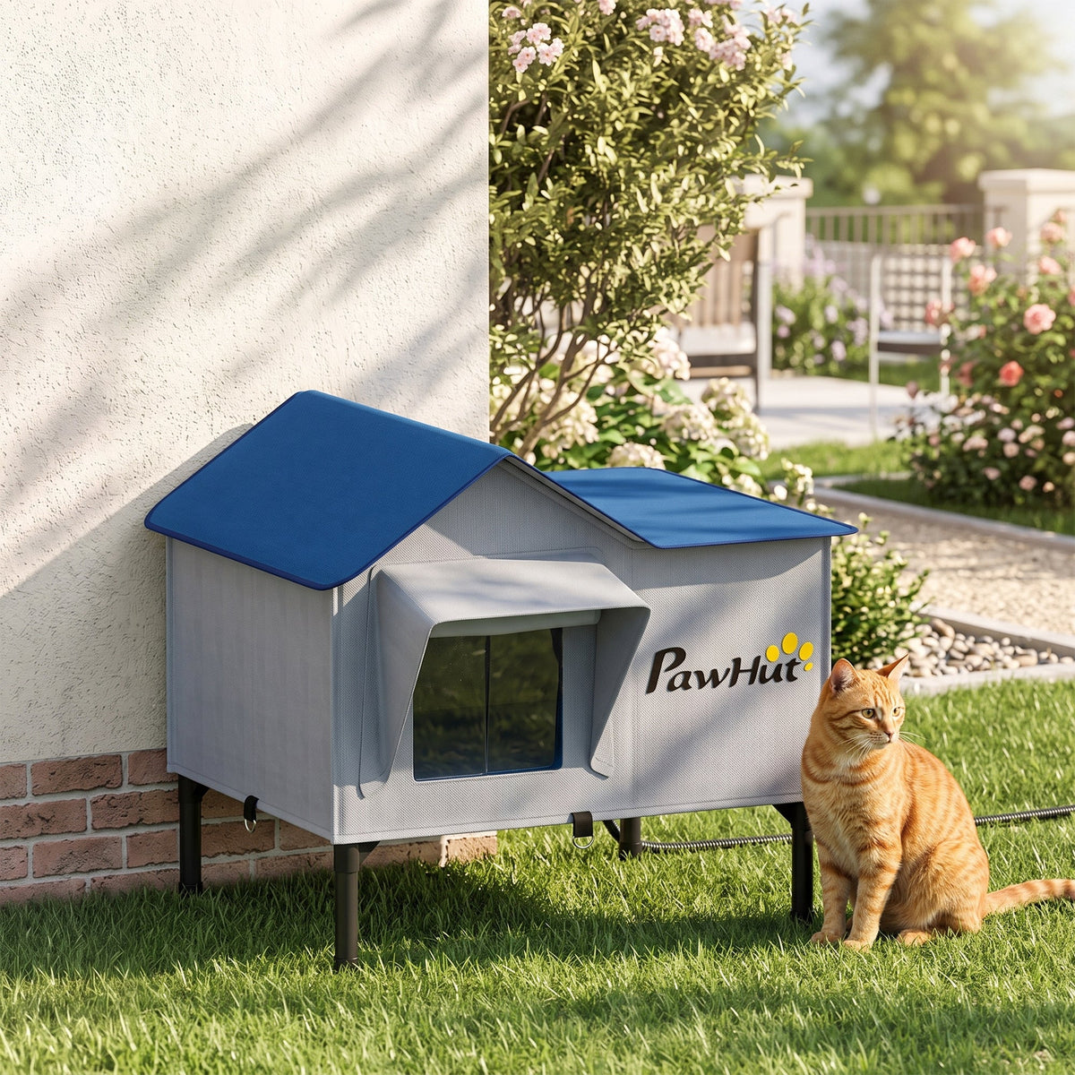 Heated Cat House Weatherproof with Heated Pad for Feral & Stray Cats, Outdoor Cat Shelter with Escape Door, 5 cm Elevated Base, Rainproof Roof