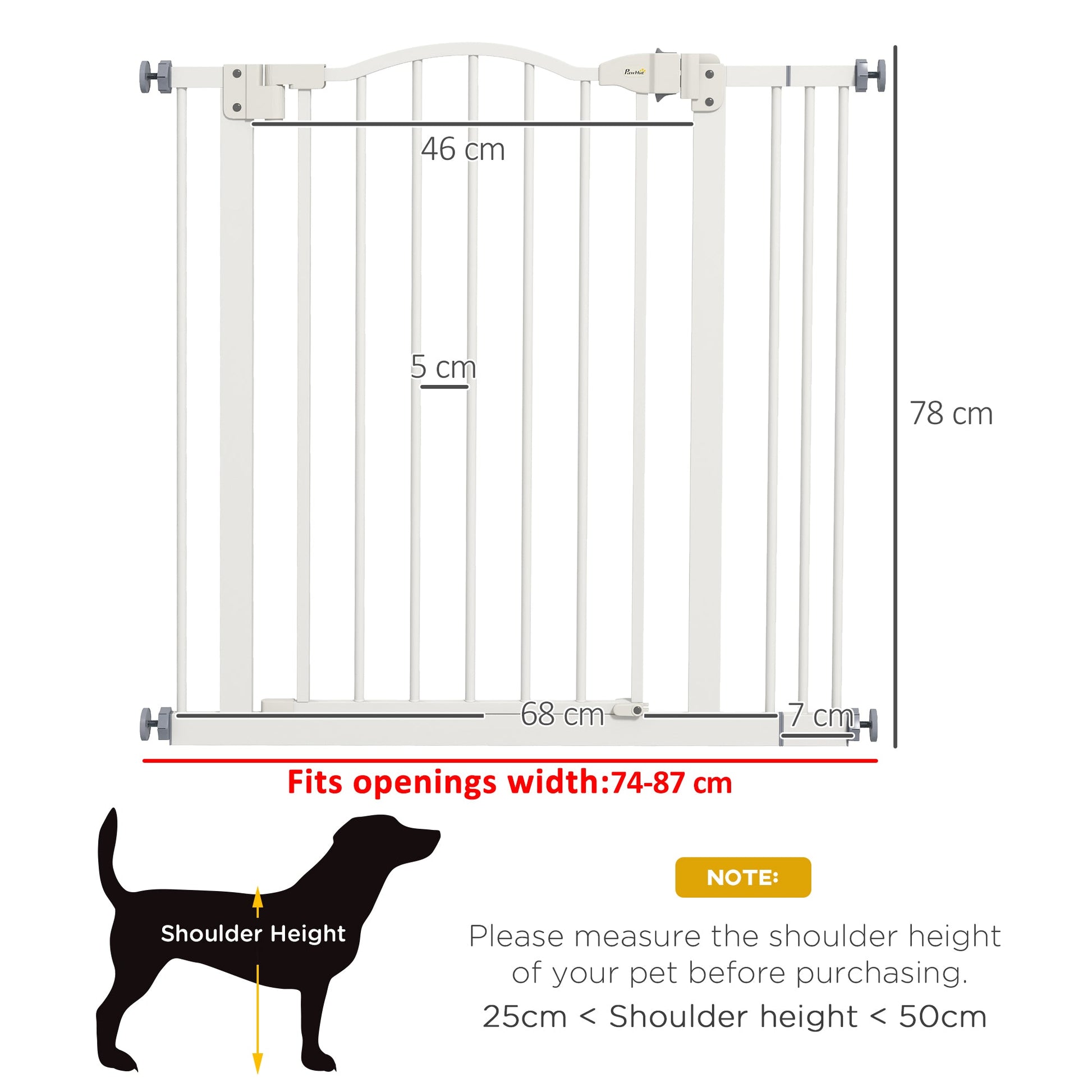Pressure Fit Dog Stair Gate No Drilling Safety Gate Auto Close for Doorways, Hallways, 74-87cm Adjustable, 78cm Tall, White