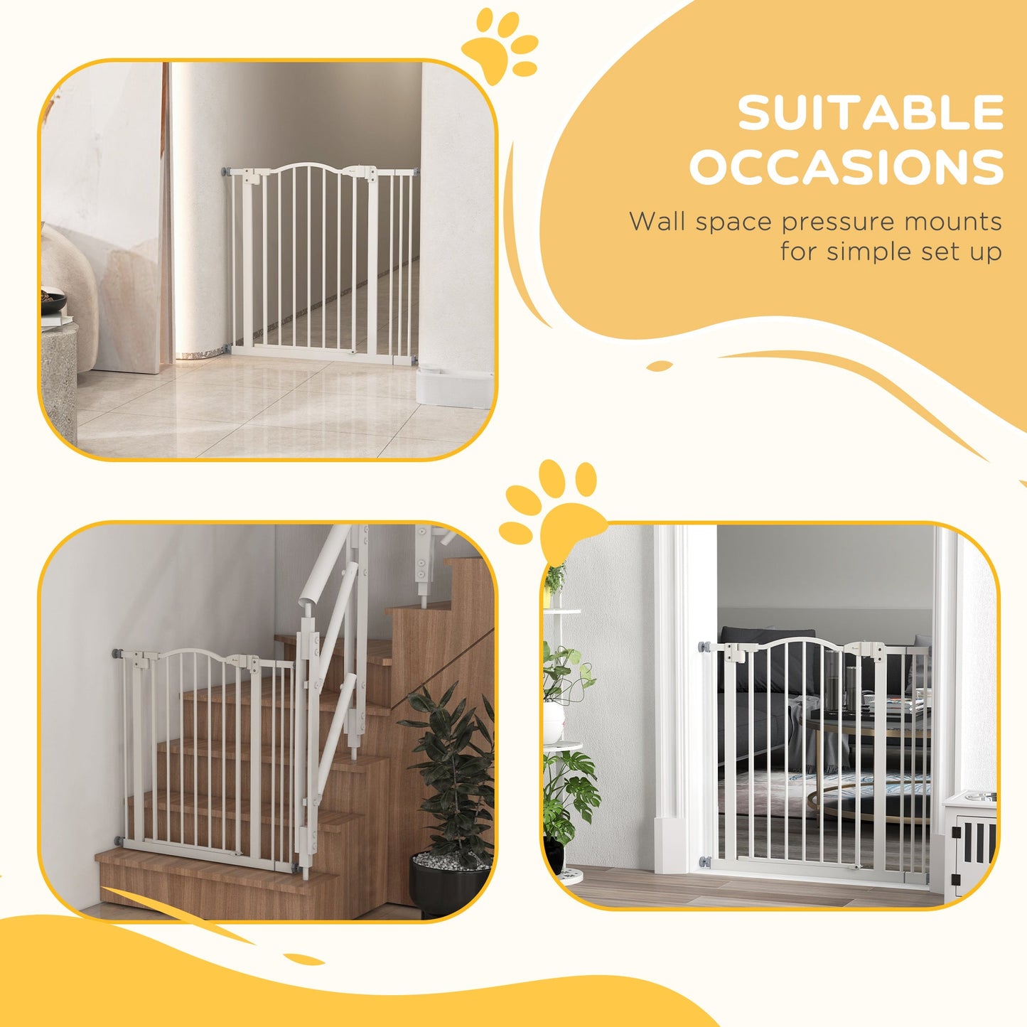 Pressure Fit Dog Stair Gate No Drilling Safety Gate Auto Close for Doorways, Hallways, 74-87cm Adjustable, 78cm Tall, White