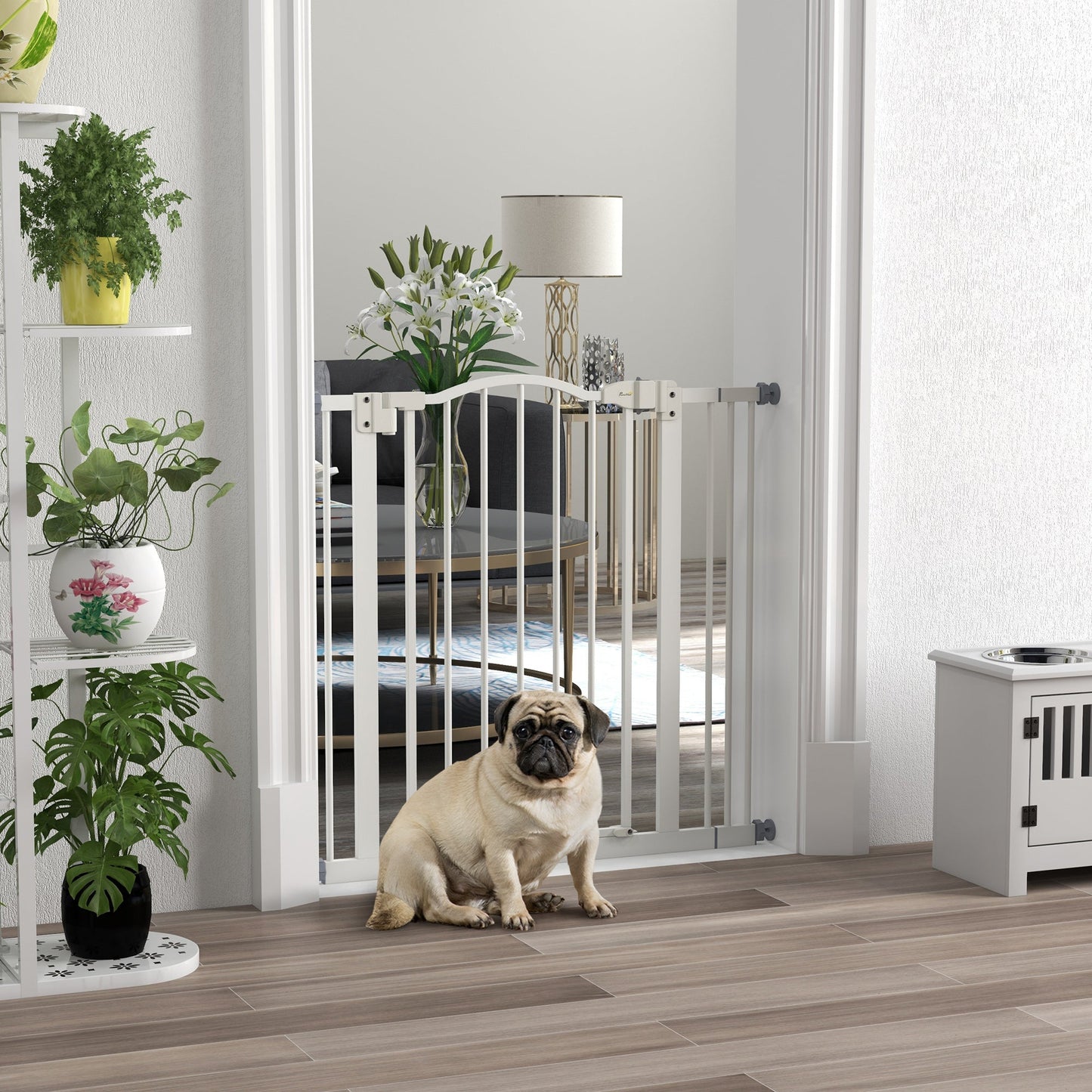 Pressure Fit Dog Stair Gate No Drilling Safety Gate Auto Close for Doorways, Hallways, 74-87cm Adjustable, 78cm Tall, White