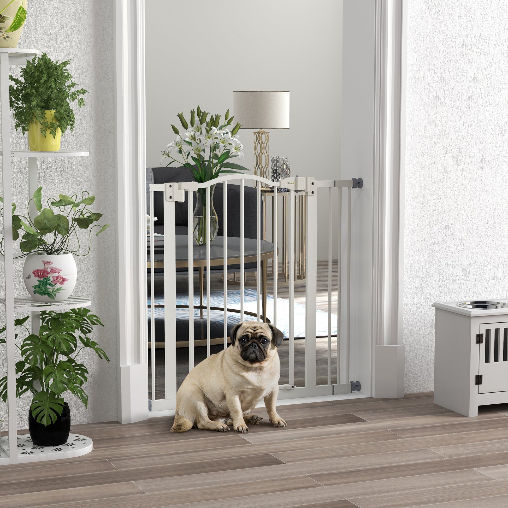 Pressure Fit Dog Stair Gate No Drilling Safety Gate Auto Close for Doorways, Hallways, 74-87cm Adjustable, 78cm Tall, White