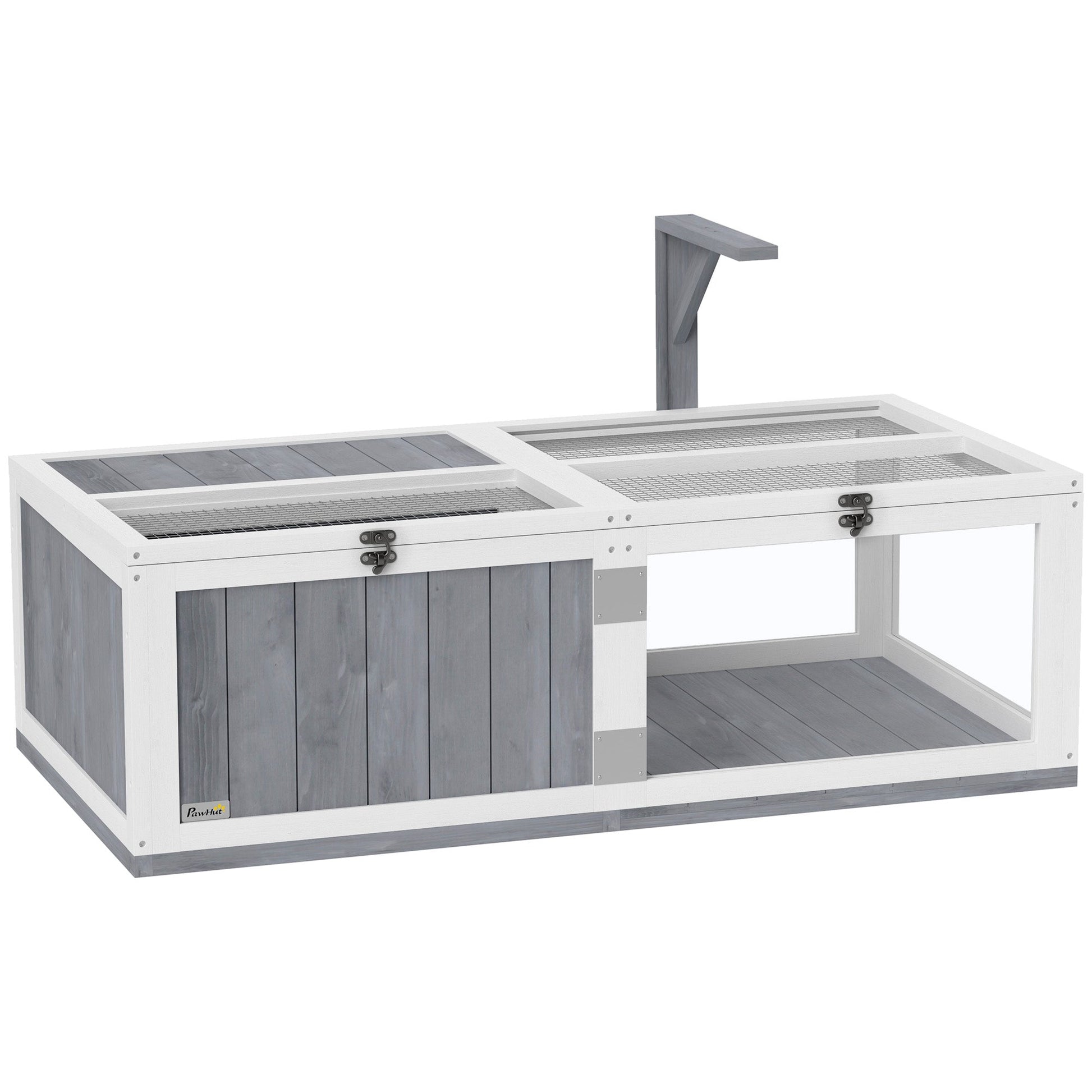 Tortoise House with Lamp Holder, Wooden Tortoise Enclosure with Clear Observation Windows, Openable Tops, Built-in Tray, Two-Room Tortoise Table for Indoor Use, Light Grey