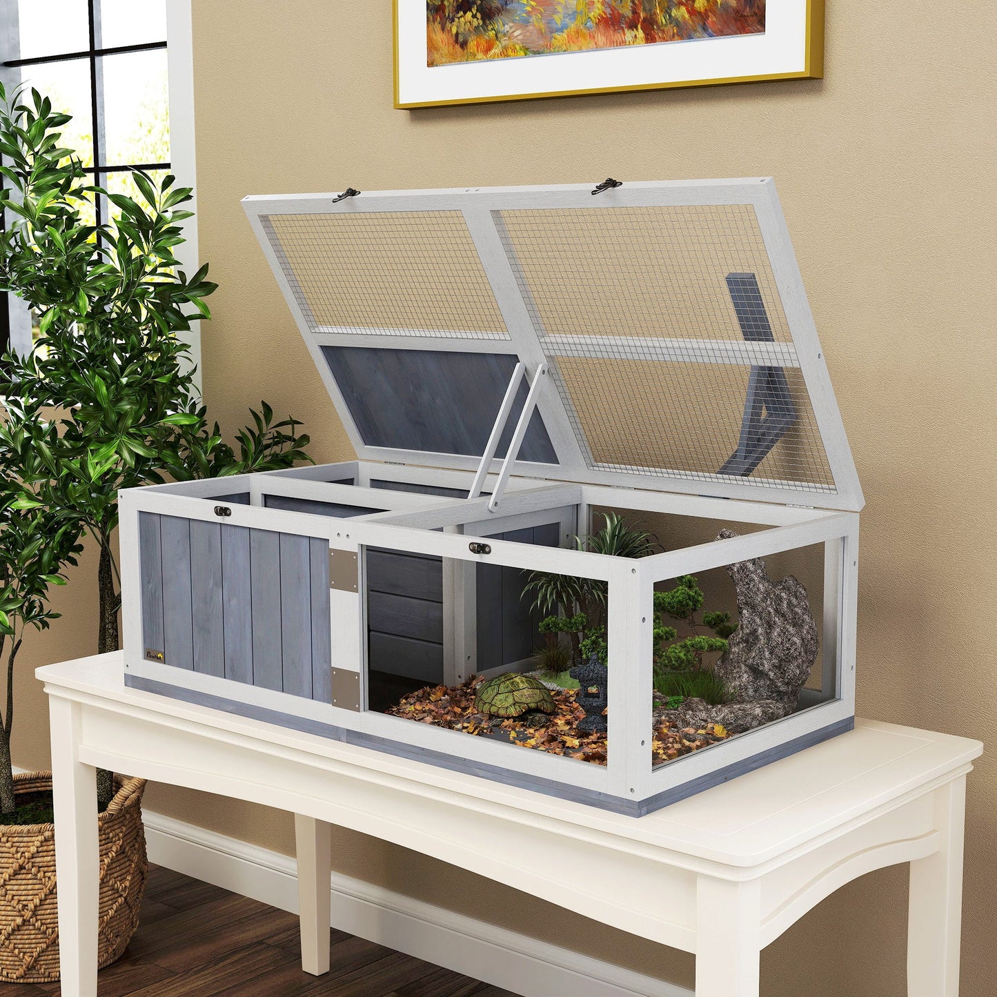 Tortoise House with Lamp Holder, Wooden Tortoise Enclosure with Clear Observation Windows, Openable Tops, Built-in Tray, Two-Room Tortoise Table for Indoor Use, Light Grey