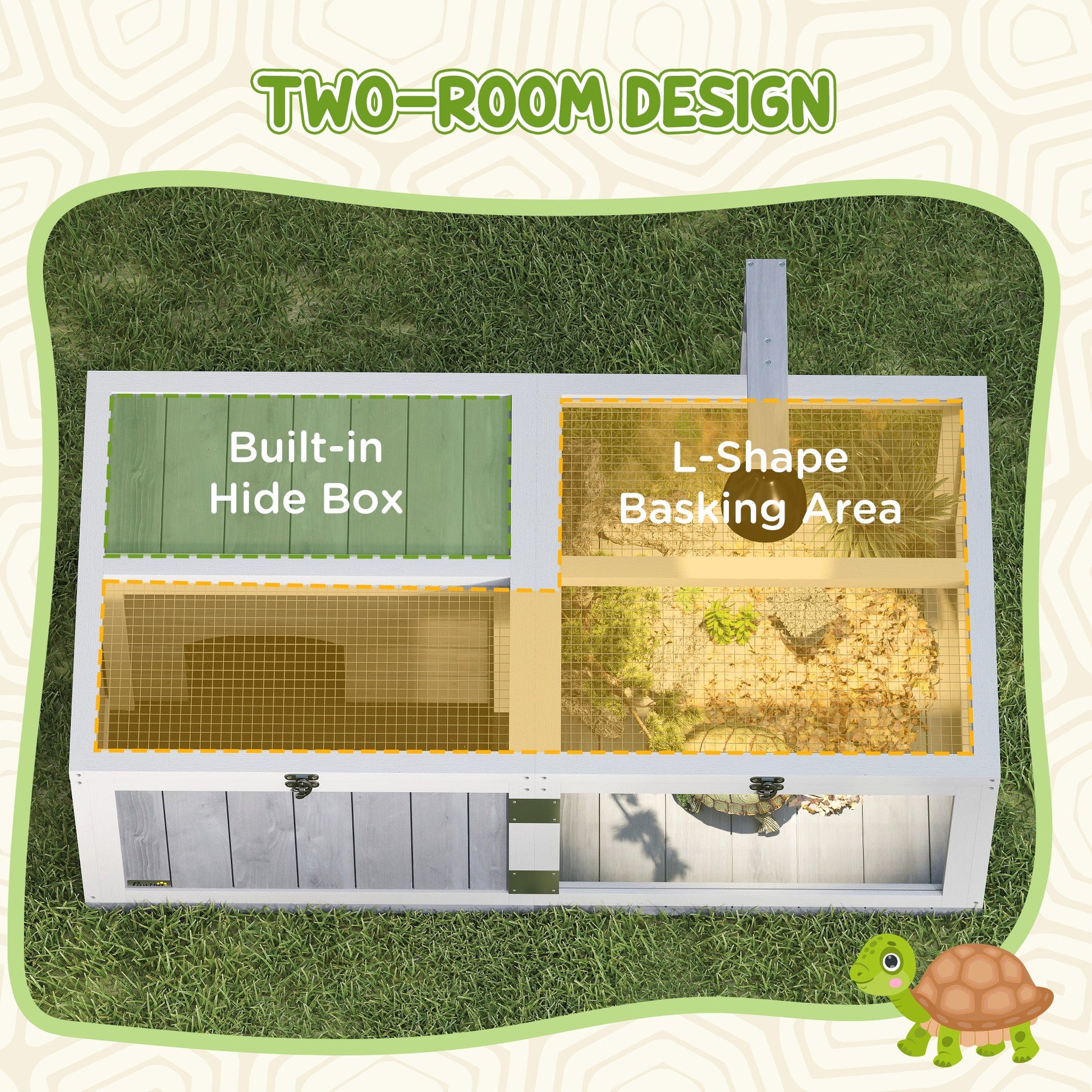 Tortoise House with Lamp Holder, Wooden Tortoise Enclosure with Clear Observation Windows, Openable Tops, Built-in Tray, Two-Room Tortoise Table for Indoor Use, Light Grey
