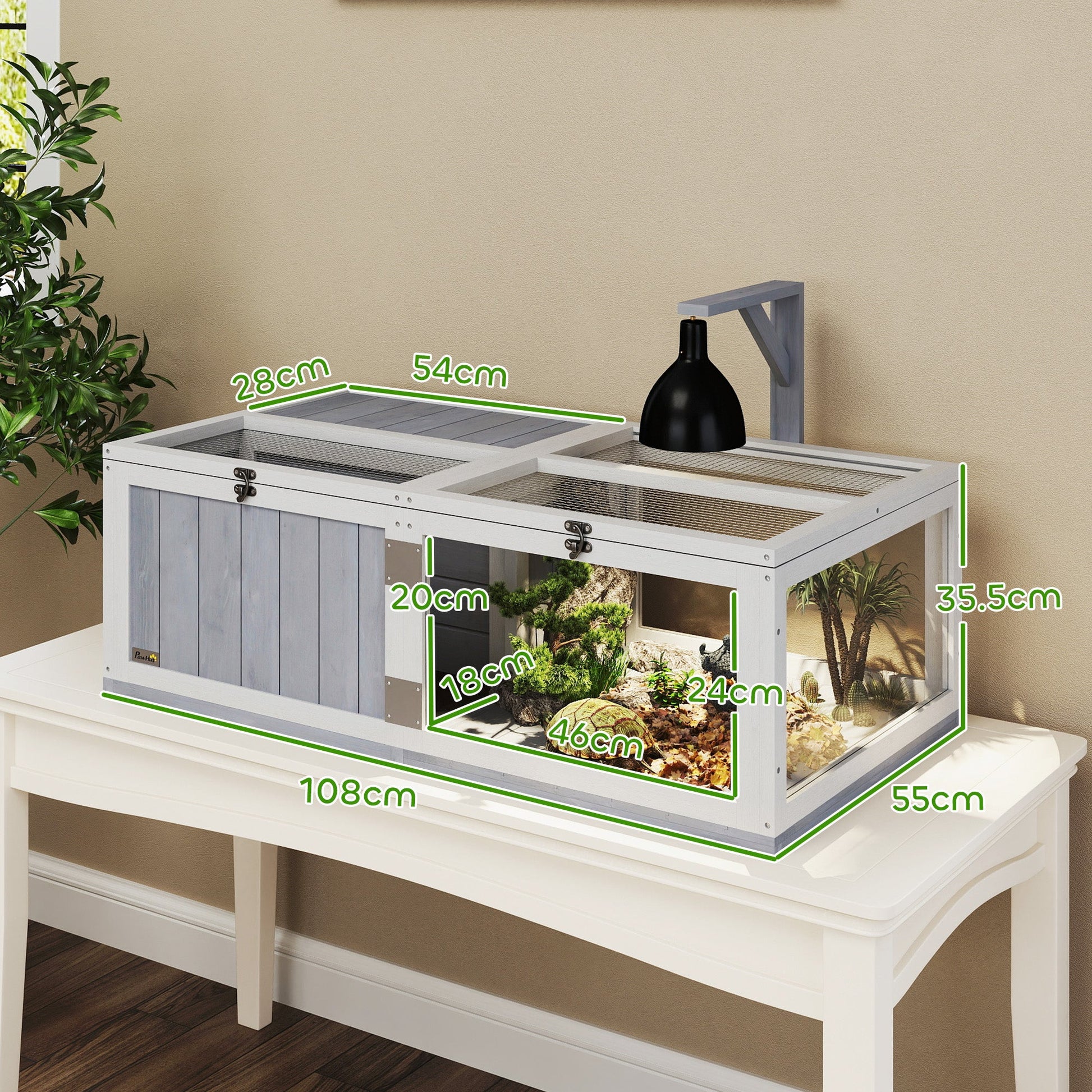 Tortoise House with Lamp Holder, Wooden Tortoise Enclosure with Clear Observation Windows, Openable Tops, Built-in Tray, Two-Room Tortoise Table for Indoor Use, Light Grey