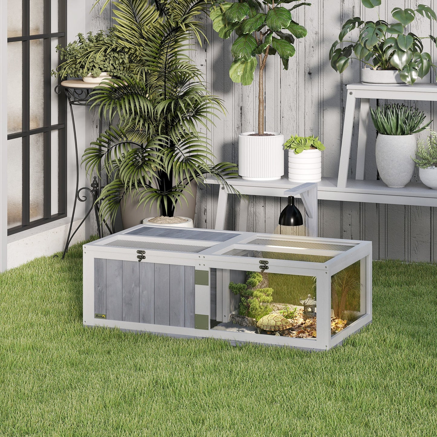 Tortoise House with Lamp Holder, Wooden Tortoise Enclosure with Clear Observation Windows, Openable Tops, Built-in Tray, Two-Room Tortoise Table for Indoor Use, Light Grey