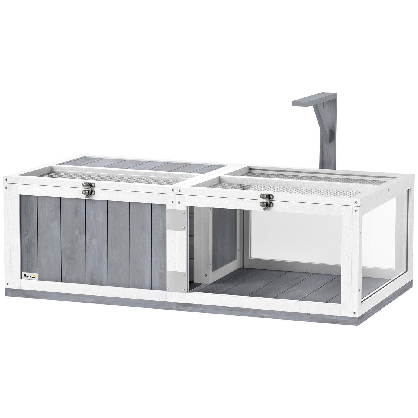 Tortoise House with Lamp Holder, Wooden Tortoise Enclosure with Clear Observation Windows, Openable Tops, Built-in Tray, Two-Room Tortoise Table for Indoor Use, Light Grey