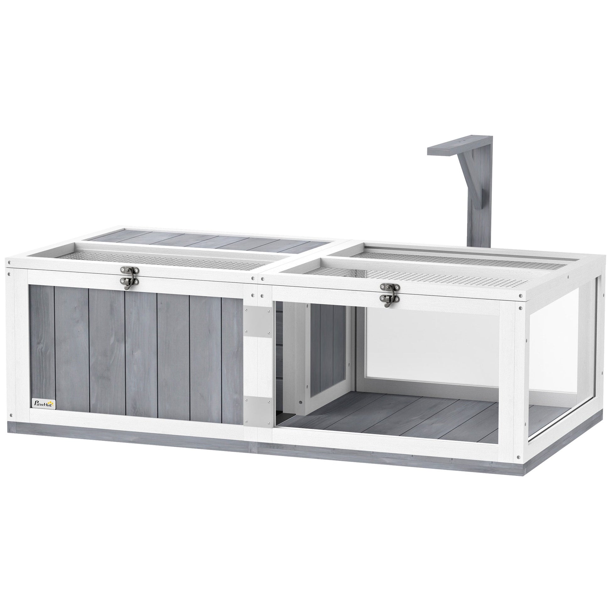 Tortoise House with Lamp Holder, Wooden Tortoise Enclosure with Clear Observation Windows, Openable Tops, Built-in Tray, Two-Room Tortoise Table for Indoor Use, Light Grey