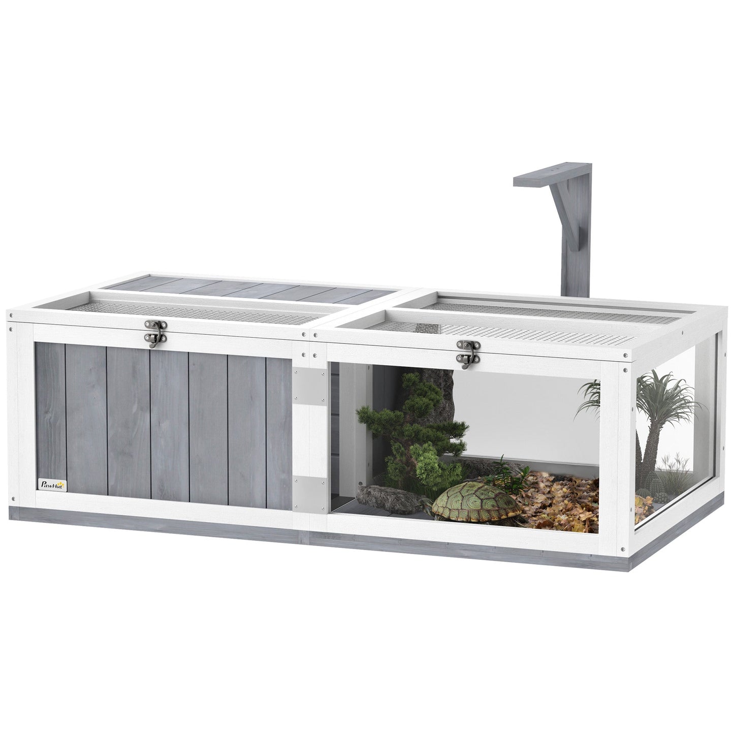 Tortoise House with Lamp Holder, Wooden Tortoise Enclosure with Clear Observation Windows, Openable Tops, Built-in Tray, Two-Room Tortoise Table for Indoor Use, Light Grey