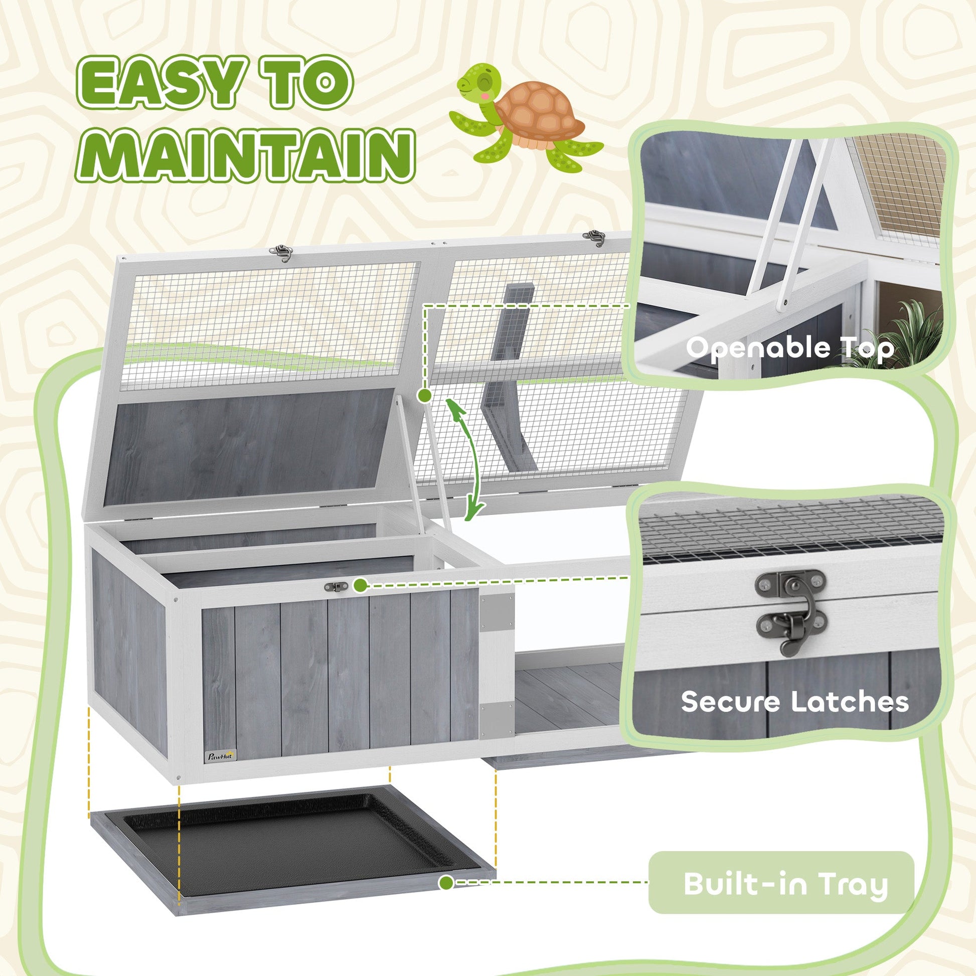 Tortoise House with Lamp Holder, Wooden Tortoise Enclosure with Clear Observation Windows, Openable Tops, Built-in Tray, Two-Room Tortoise Table for Indoor Use, Light Grey