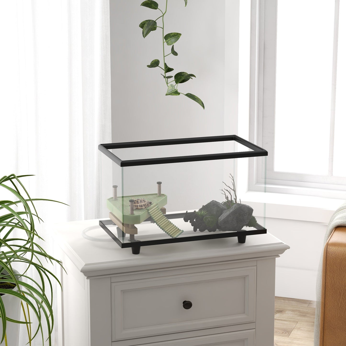 Turtle Tank, 28L Glass Turtle Aquarium with Basking Platform, Ramp, Easy Drainage, Strip Patch Thermometer, for Small Turtles, 45 x 25 x 29cm