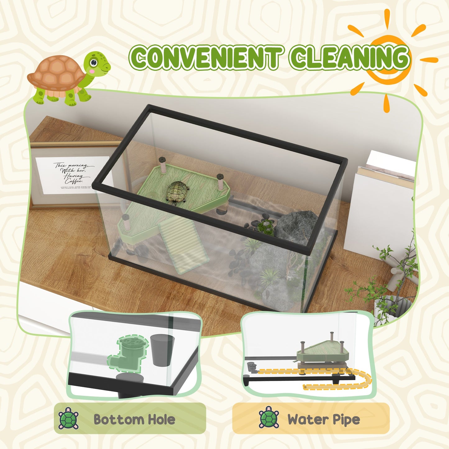 Turtle Tank, 28L Glass Turtle Aquarium with Basking Platform, Ramp, Easy Drainage, Strip Patch Thermometer, for Small Turtles, 45 x 25 x 29cm