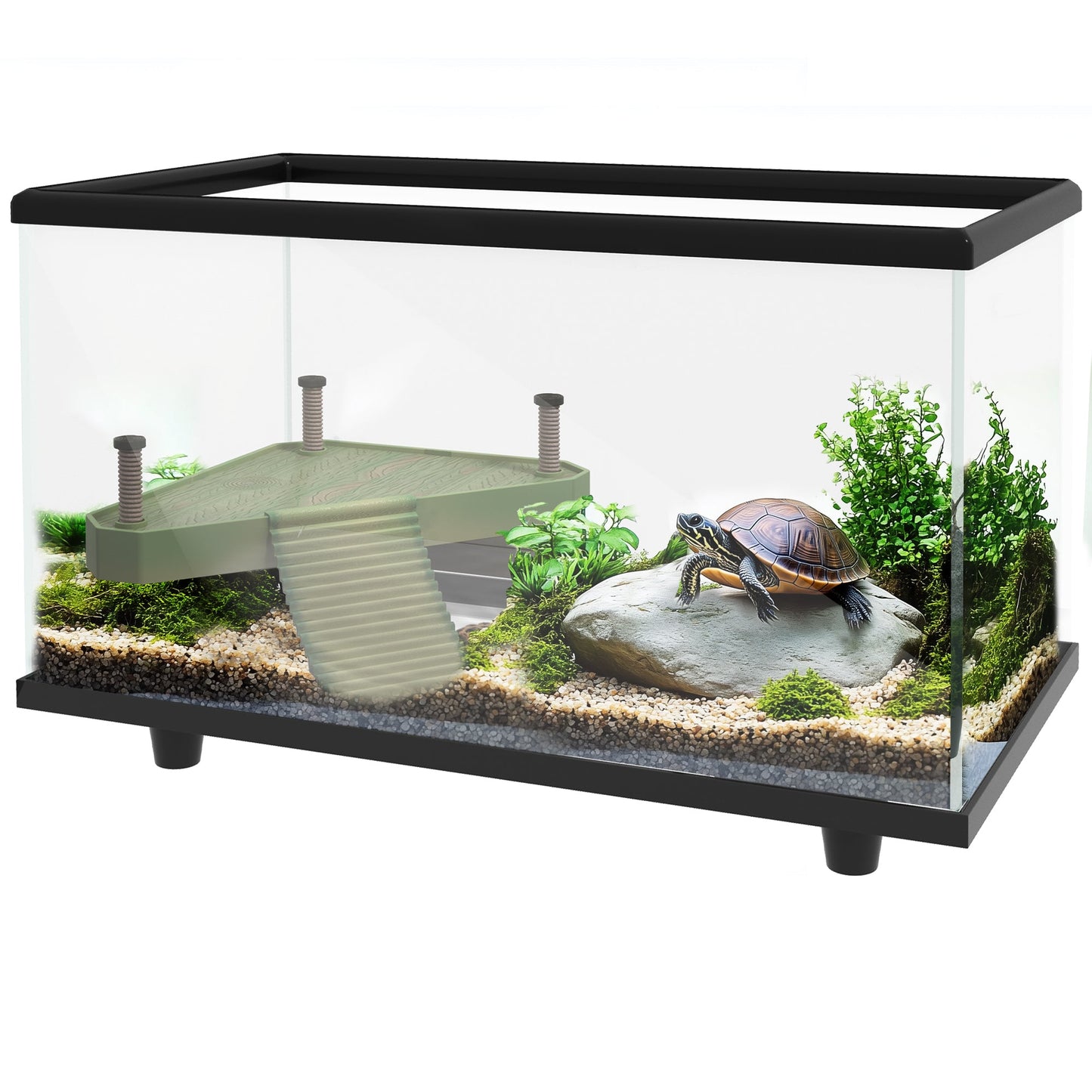 Turtle Tank, 28L Glass Turtle Aquarium with Basking Platform, Ramp, Easy Drainage, Strip Patch Thermometer, for Small Turtles, 45 x 25 x 29cm