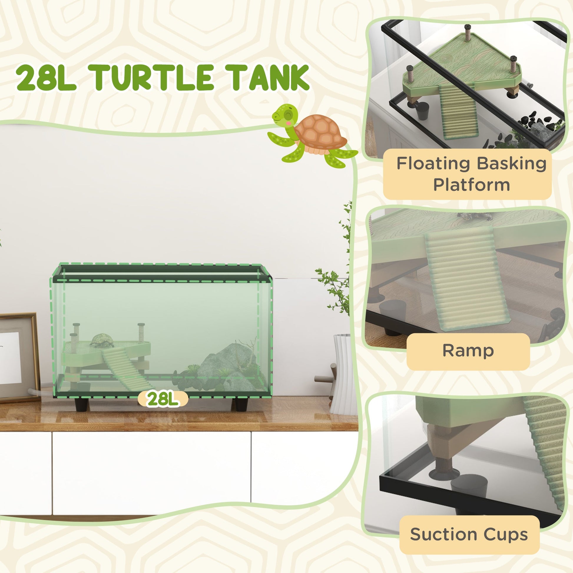 Turtle Tank, 28L Glass Turtle Aquarium with Basking Platform, Ramp, Easy Drainage, Strip Patch Thermometer, for Small Turtles, 45 x 25 x 29cm