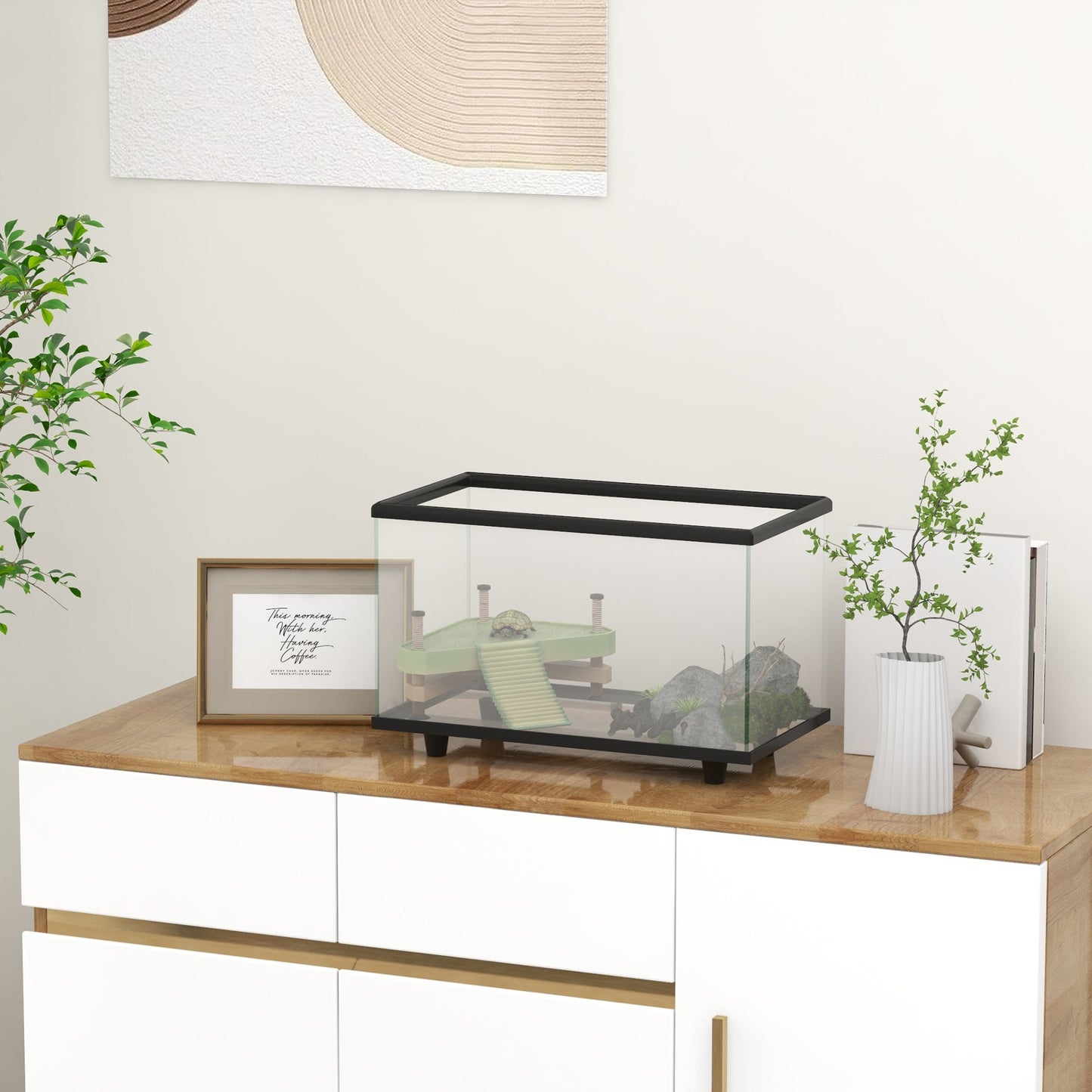 Turtle Tank, 28L Glass Turtle Aquarium with Basking Platform, Ramp, Easy Drainage, Strip Patch Thermometer, for Small Turtles, 45 x 25 x 29cm