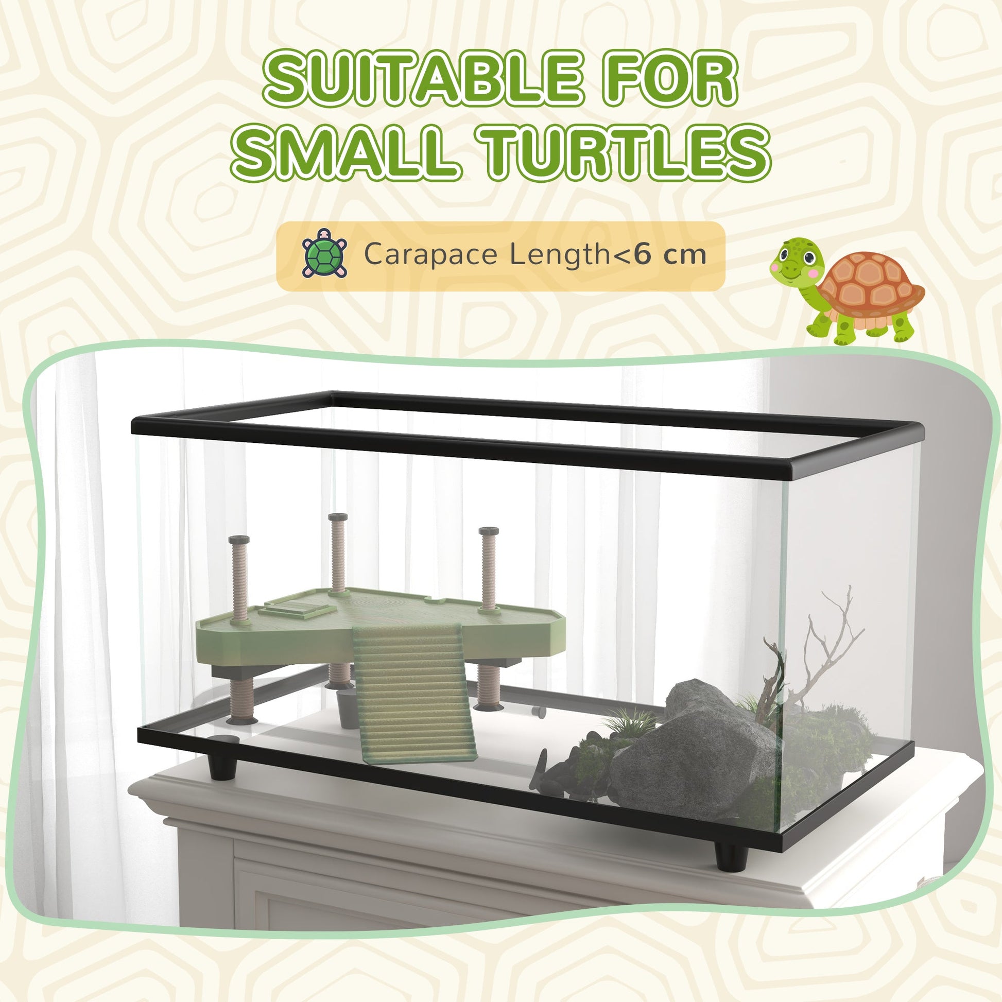 Turtle Tank, 28L Glass Turtle Aquarium with Basking Platform, Ramp, Easy Drainage, Strip Patch Thermometer, for Small Turtles, 45 x 25 x 29cm