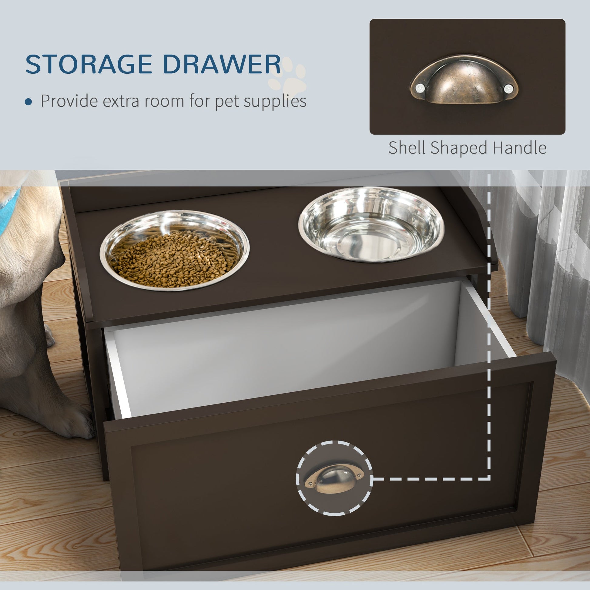 Stainless Steel Raised Dog Bowls, Double Dog Food and Water Bowl w/ 21L Storage Drawer, for Large Dogs - Brown