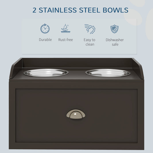 Stainless Steel Raised Dog Bowls, Double Dog Food and Water Bowl w/ 21L Storage Drawer, for Large Dogs - Brown