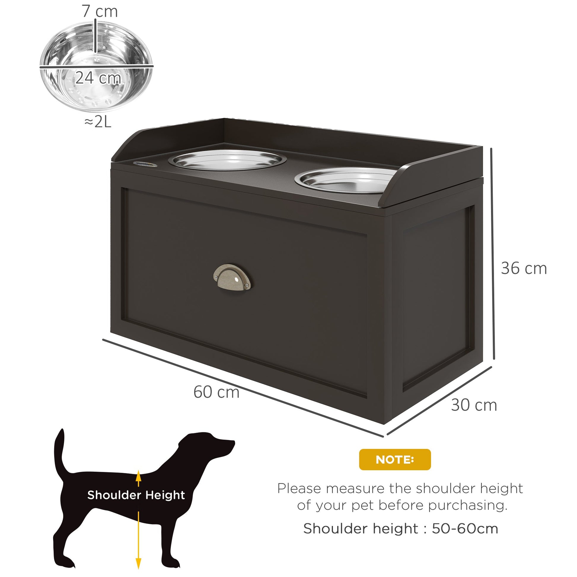 Stainless Steel Raised Dog Bowls, Double Dog Food and Water Bowl w/ 21L Storage Drawer, for Large Dogs - Brown