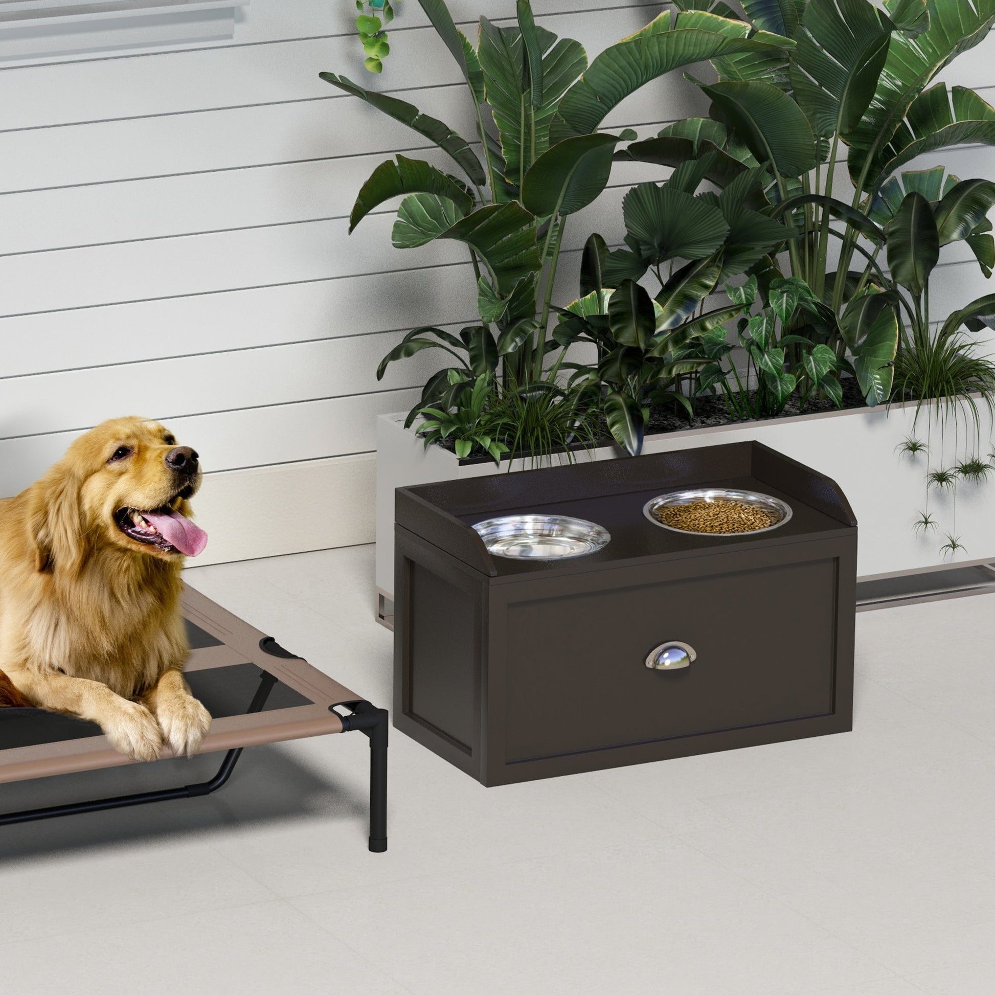 Stainless Steel Raised Dog Bowls, Double Dog Food and Water Bowl w/ 21L Storage Drawer, for Large Dogs - Brown