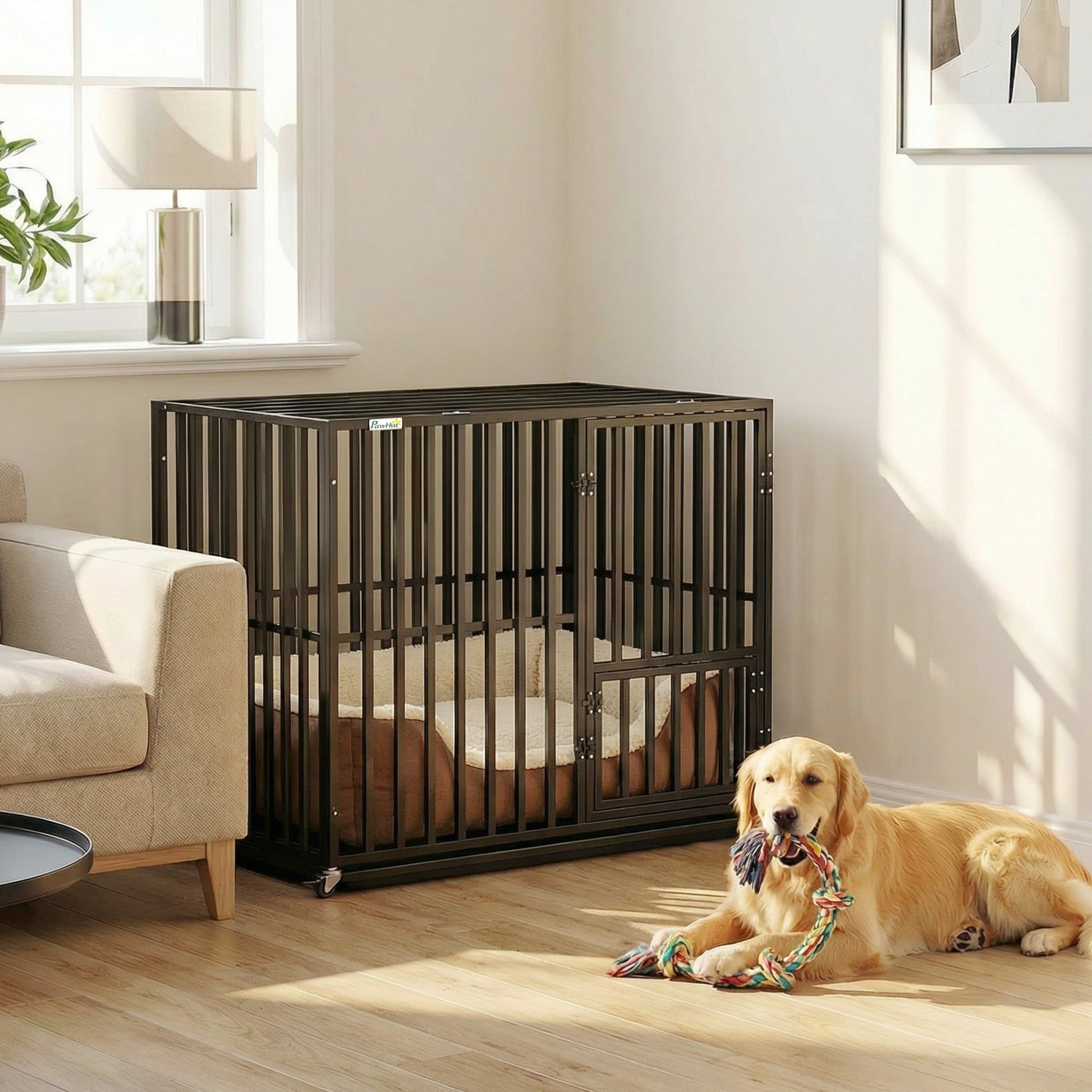 Heavy Duty Dog Crate, Dog Cage with Wheels for Medium Large Breeds, Metal Pet Crate with Removable Tray and 3 Doors for Indoor & Outdoor, 95 x 57 x 81 cm, Black