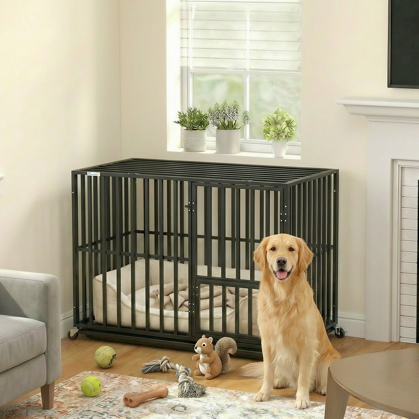 Heavy Duty Dog Crate, Dog Cage with Wheels for Medium Large Breeds, Metal Pet Crate with Removable Tray and 3 Doors for Indoor & Outdoor, 95 x 57 x 81 cm, Black