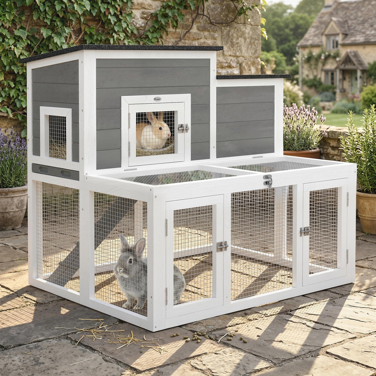 Wooden Rabbit Hutch, Indoor Outdoor Bunny Cage with Waterproof & Openable Roof, Pull Out Tray and Ramp, Guinea Pig Hutch for 1-2 Rabbits, 97 x 75.5 x 90 cm, Grey