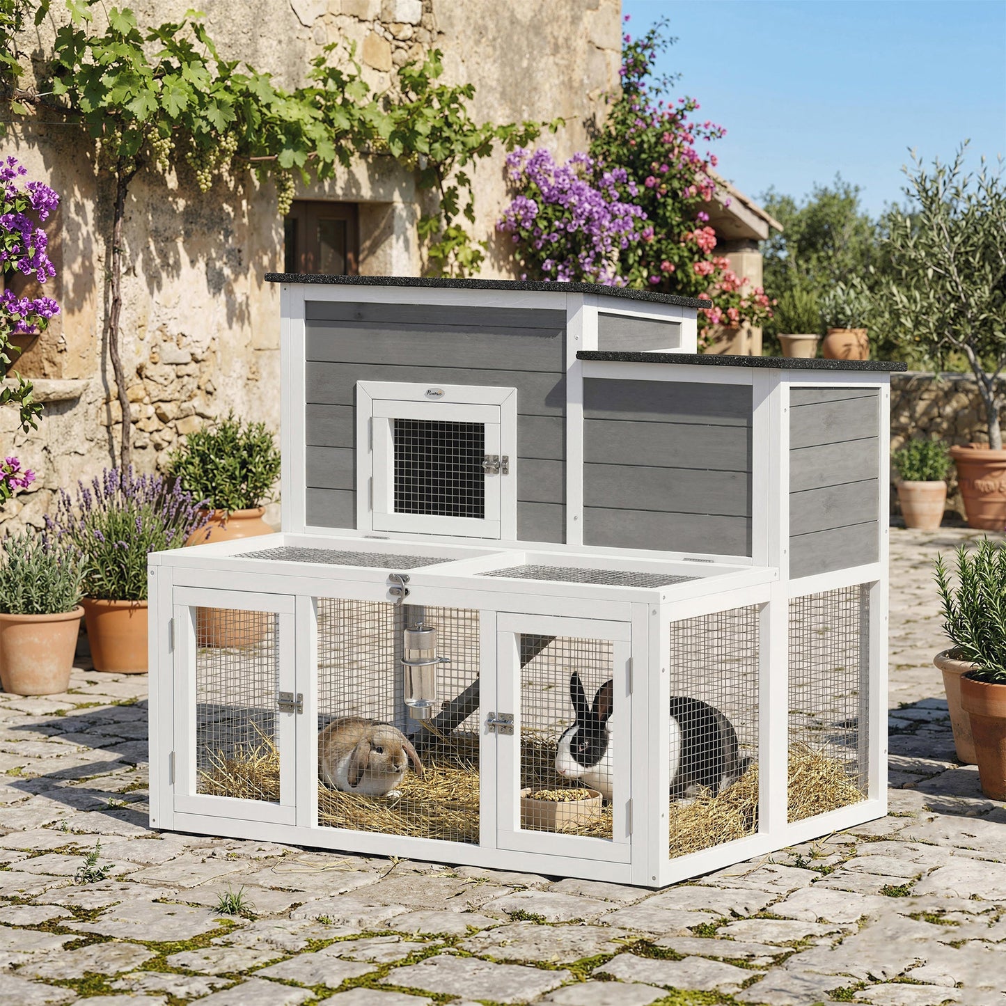 Wooden Rabbit Hutch, Indoor Outdoor Bunny Cage with Waterproof & Openable Roof, Pull Out Tray and Ramp, Guinea Pig Hutch for 1-2 Rabbits, 97 x 75.5 x 90 cm, Grey