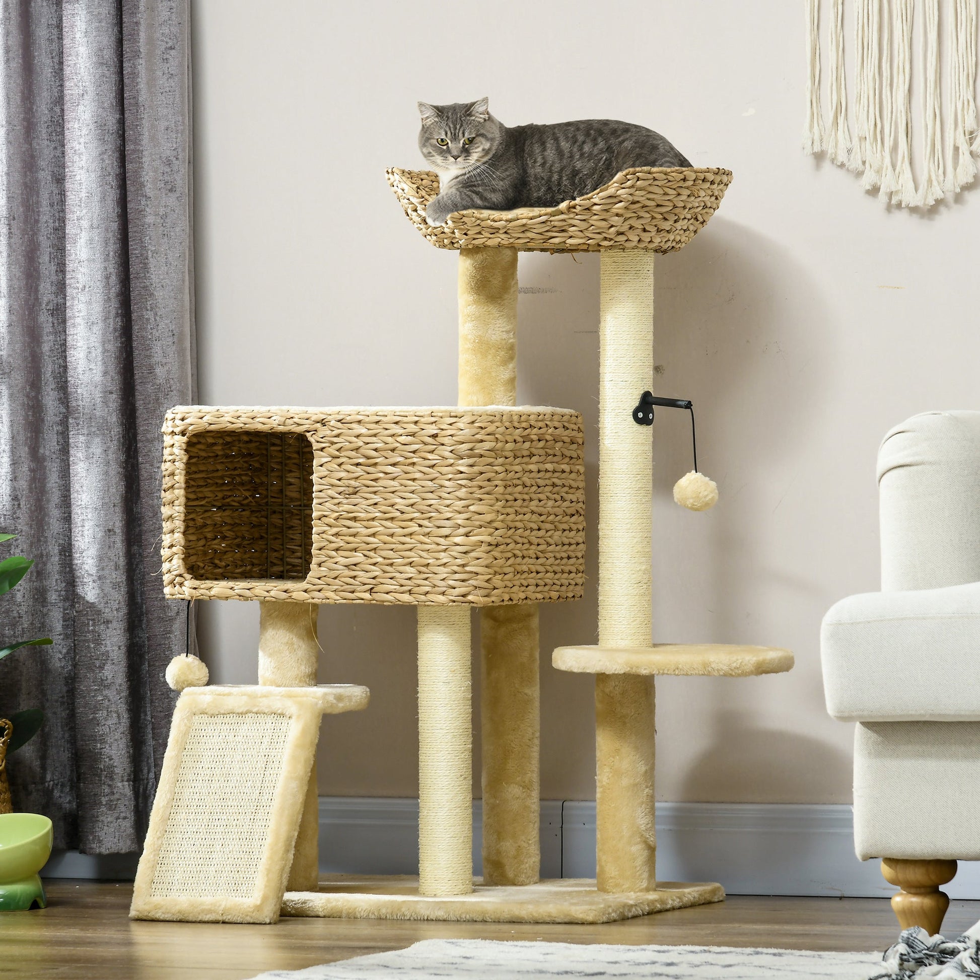 95cm Cat Tree for Indoor Cats, Cat Tower with Scratching Posts, Ramp, Condo, Toy Balls, Platform, Bed, Ramp - Beige