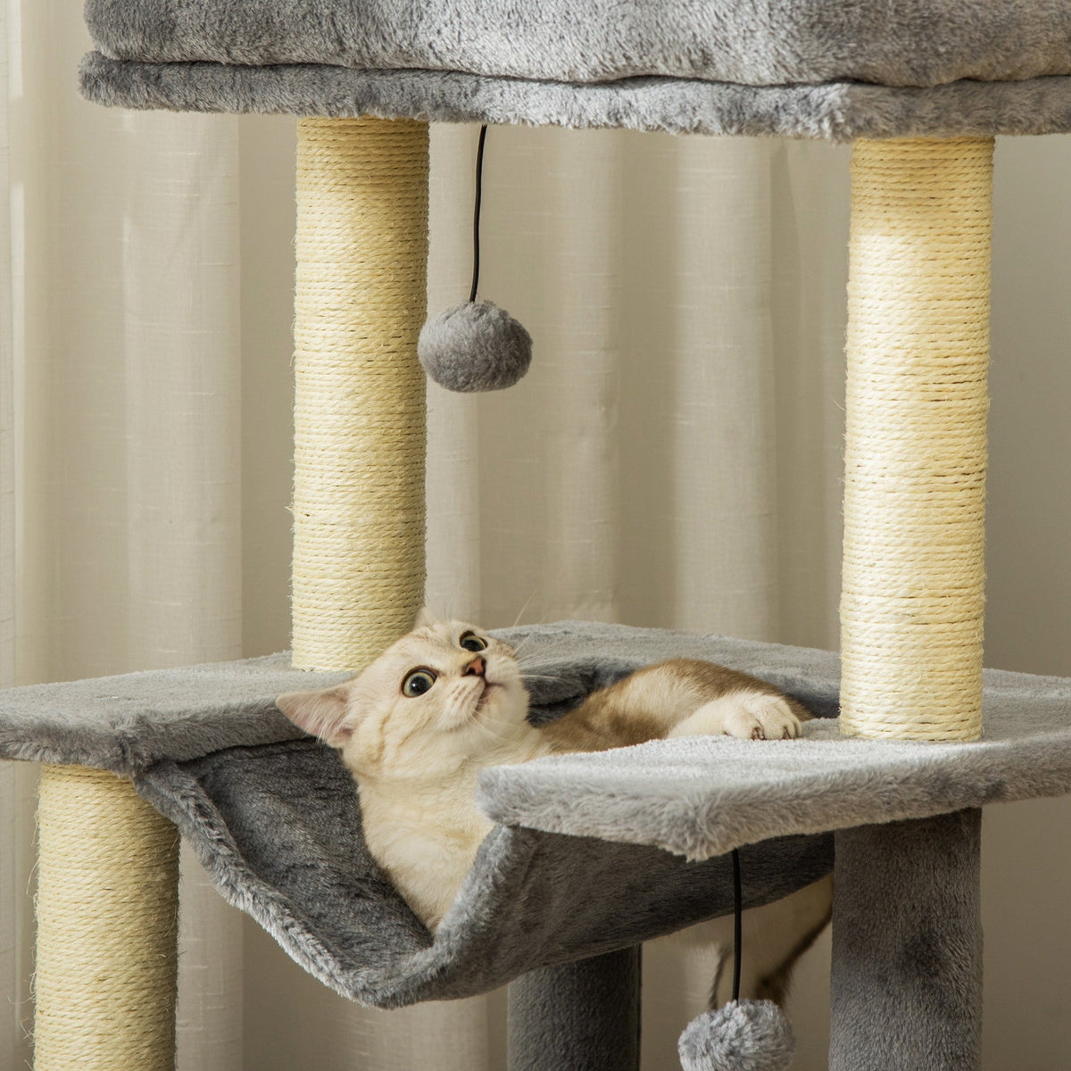 Cat Tree, 90cm Cat Tower with Sisal Scratching Posts, Cat Condo, Hammock, Top Perch and 2 Hanging Toys for Indoor Cats, Grey