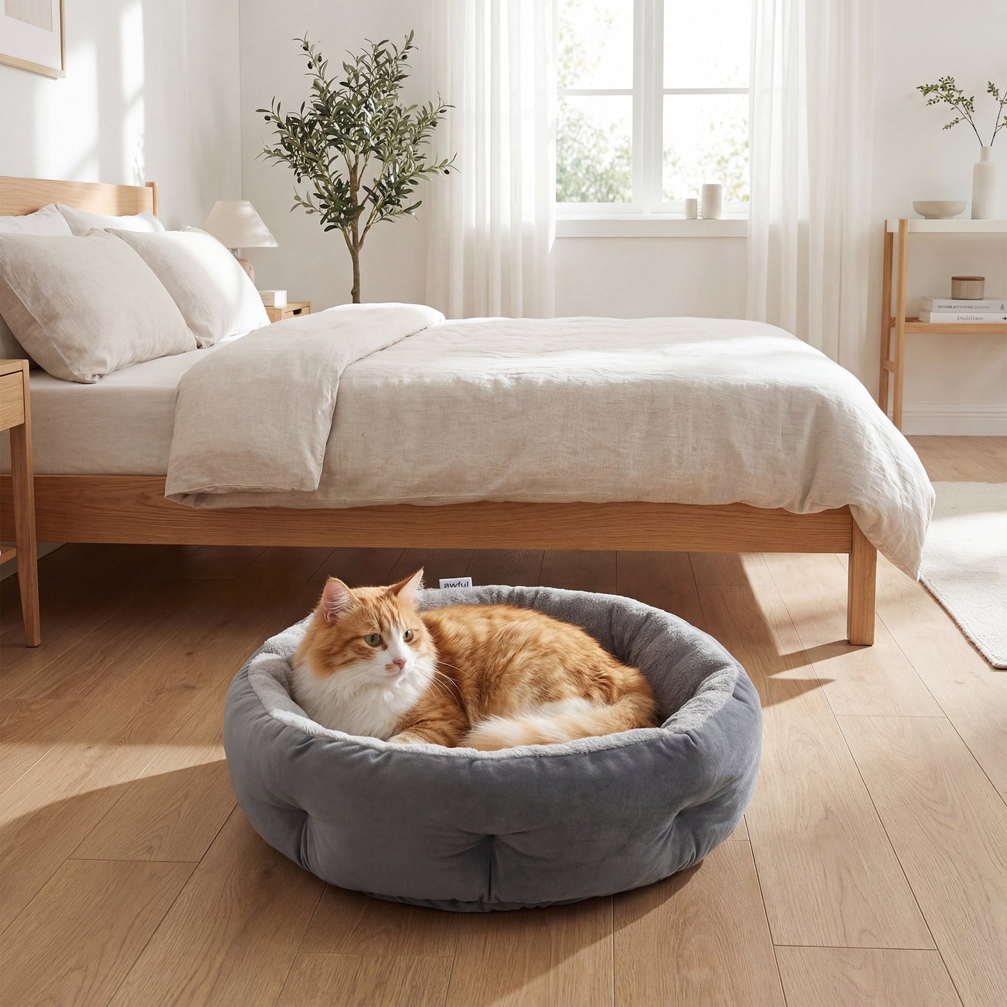Cat Bed, Reversible Dog Pet Bed for Indoor Cats and Small Dogs, Round Bed with Supportive Bolster, Dark Grey