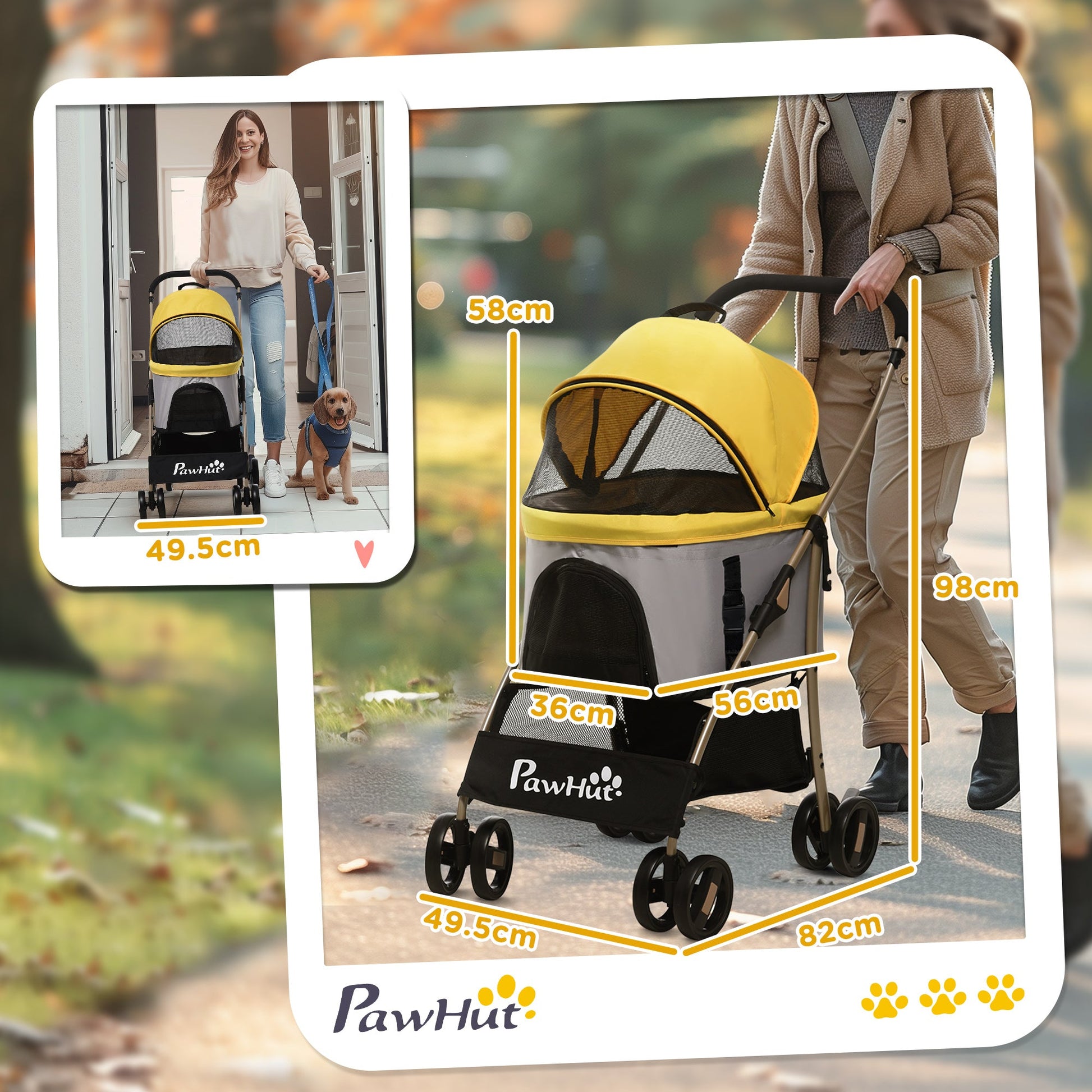 Dog Pram Dog Stroller 3 in 1 Pet Pushchair Detachable Design with Universal Wheels, Brake for Small Miniature Dogs - Yellow