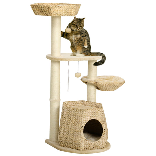 Cat Tree Tower for Indoor Cats, Climbing Activity Centre, Kitten Furniture with Cattail Fluff Bed House, Sisal Scratching Post, Hanging Ball, 50 x 50 x 119cm, Natural Tone