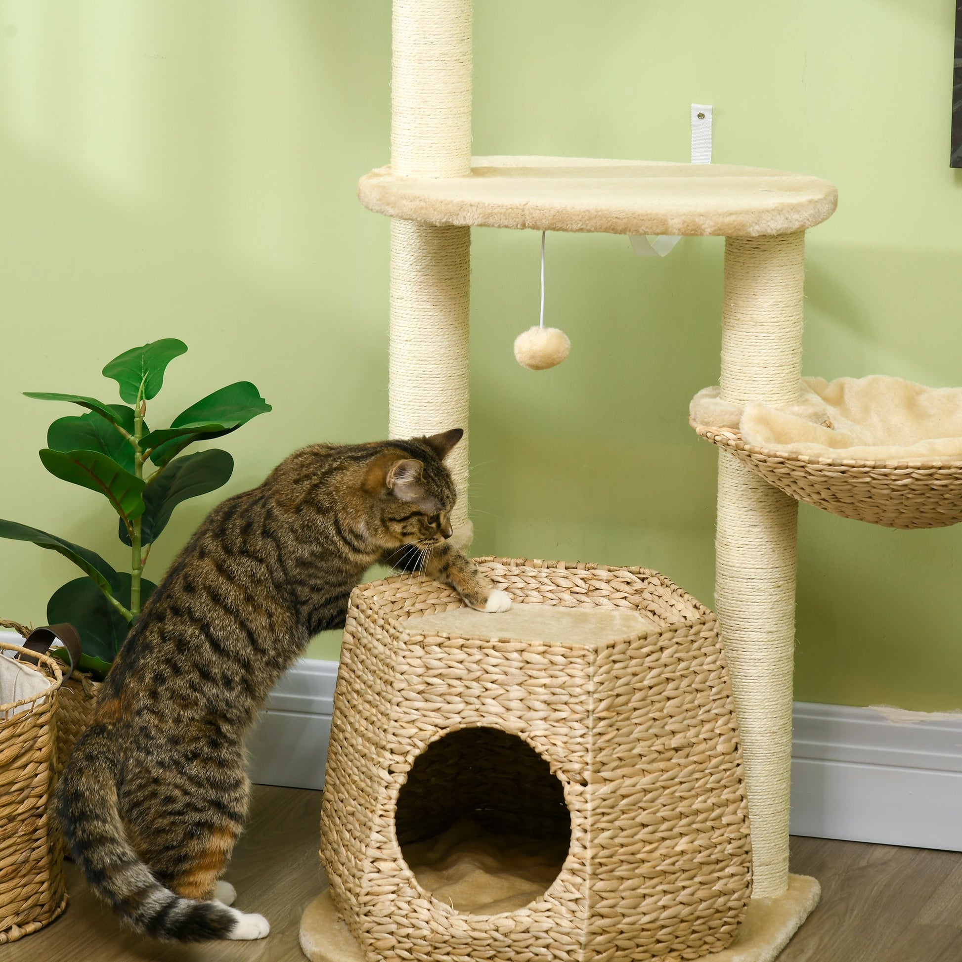Cat Tree Tower for Indoor Cats, Climbing Activity Centre, Kitten Furniture with Cattail Fluff Bed House, Sisal Scratching Post, Hanging Ball, 50 x 50 x 119cm, Natural Tone