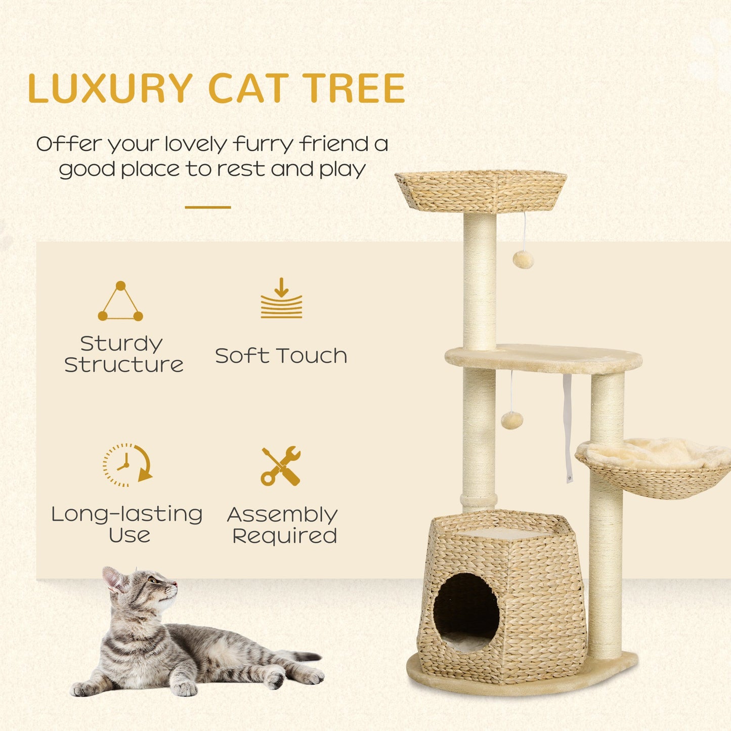 Cat Tree Tower for Indoor Cats, Climbing Activity Centre, Kitten Furniture with Cattail Fluff Bed House, Sisal Scratching Post, Hanging Ball, 50 x 50 x 119cm, Natural Tone