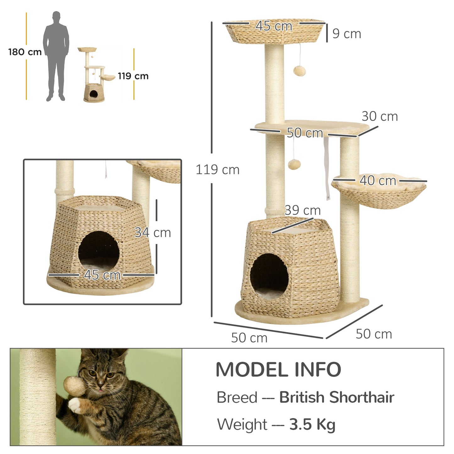 Cat Tree Tower for Indoor Cats, Climbing Activity Centre, Kitten Furniture with Cattail Fluff Bed House, Sisal Scratching Post, Hanging Ball, 50 x 50 x 119cm, Natural Tone
